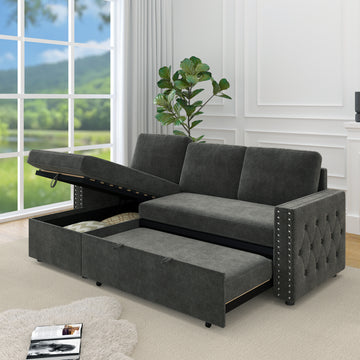 85 Inches Sofa Bed, 3 Seater Sleeper Sofa With Storage Chaise, Square Handrail With Pull And Copper Nail,Chenille Dark Grey, Pull Out Couch For Living Room Dark Grey Chenille 3 Seat