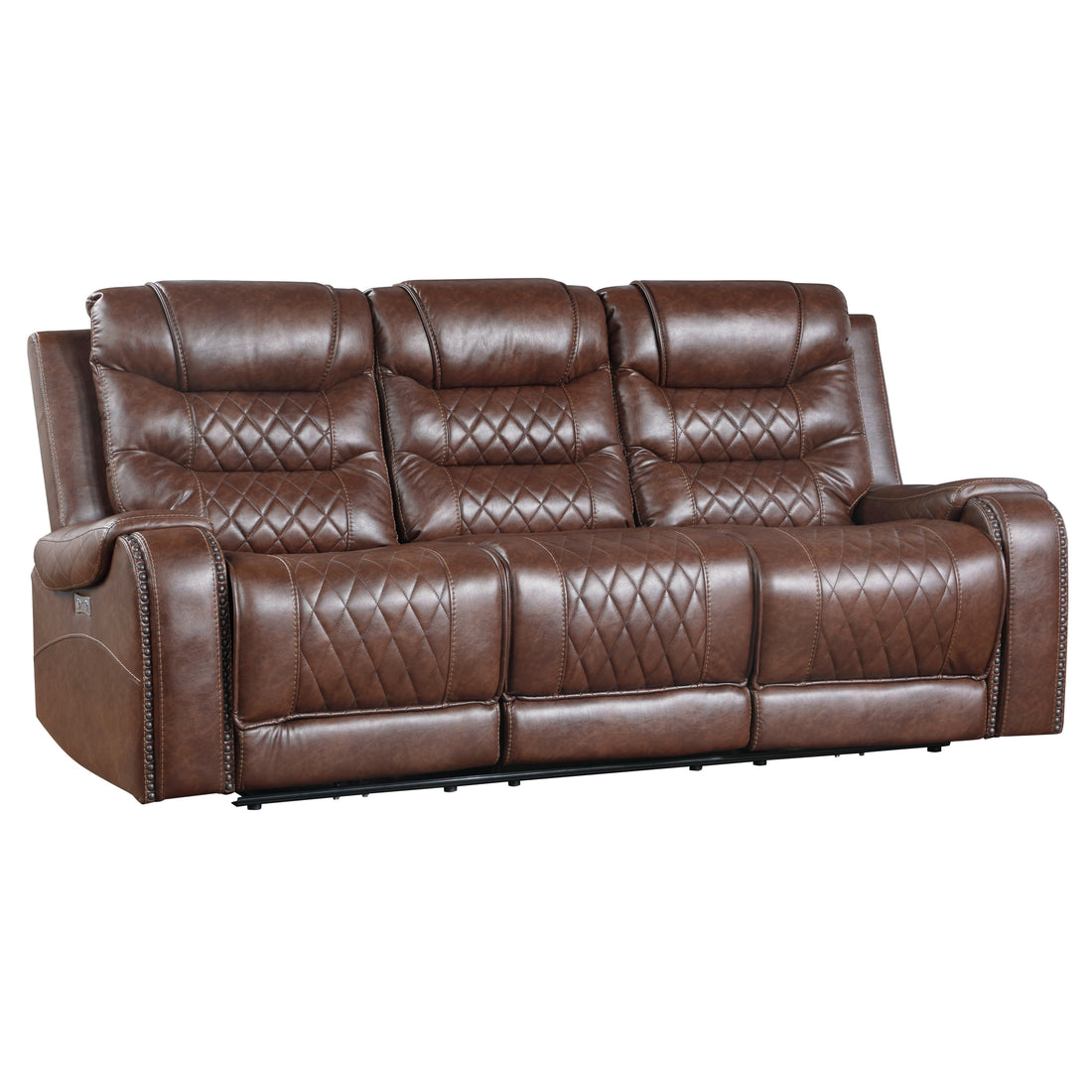 Luxurious Living Room Furniture Brown Diamond Pattern Stitching 1Pc Power Double Reclining Sofa With Center Drop Down Cup Holders, Usb Ports,Faux Leather Upholstery Brown Faux Leather Wood Primary Living Space Luxury,Modern Solid Wood 3 Seat