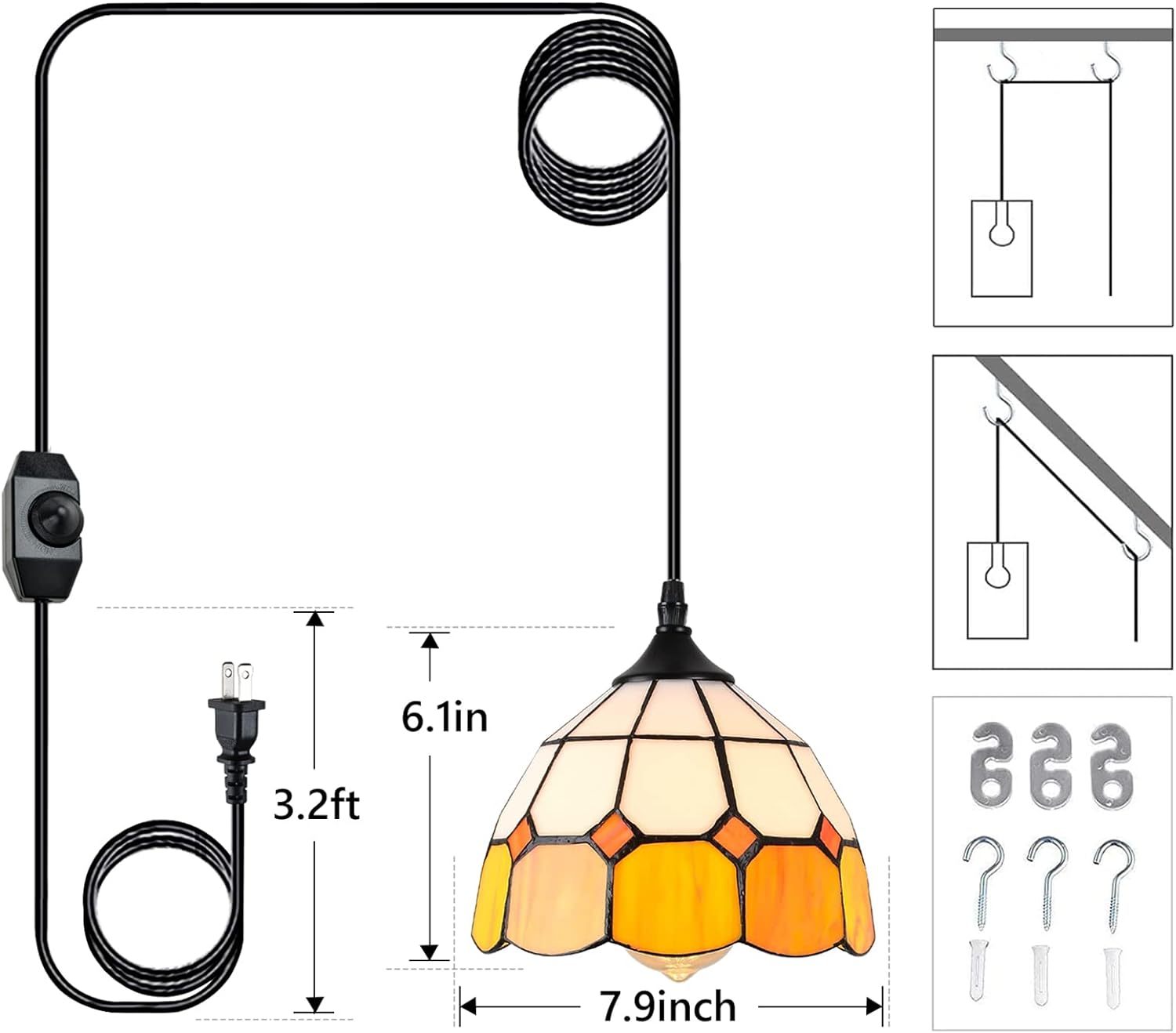 Tiffany Hanging Pendant Light Dimmable Mini Plug In Light Fixture, Perfect Vintage Swag Ceiling Lamp For Dining Room, Bedroom Or Porch,16.4 Ft Hanging Cord, 7.9" Width Yellow White Glass Metal