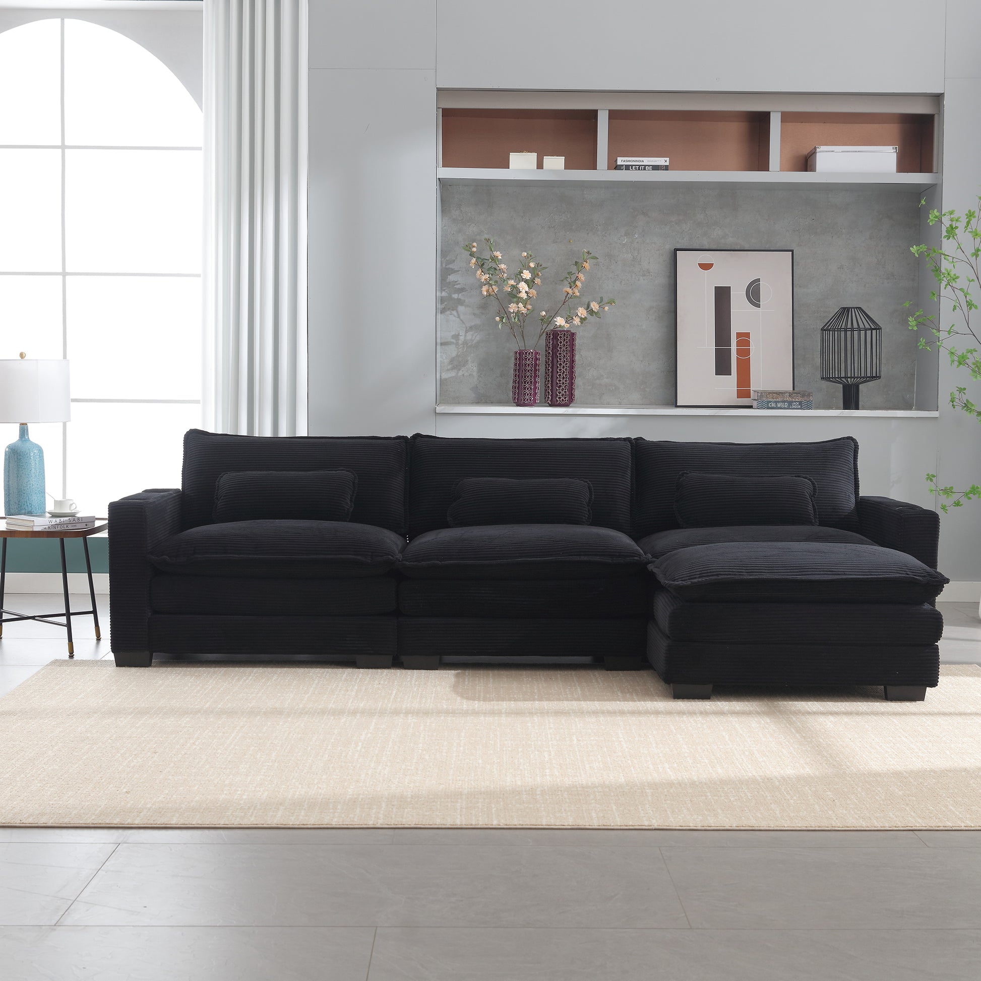 L Shape Sofa Couch With Usb & Cup Holders, Corduroy Stripe Fabric 3 Seater Sofa With 1 Ottoman, Black Black Wood 4 Seat