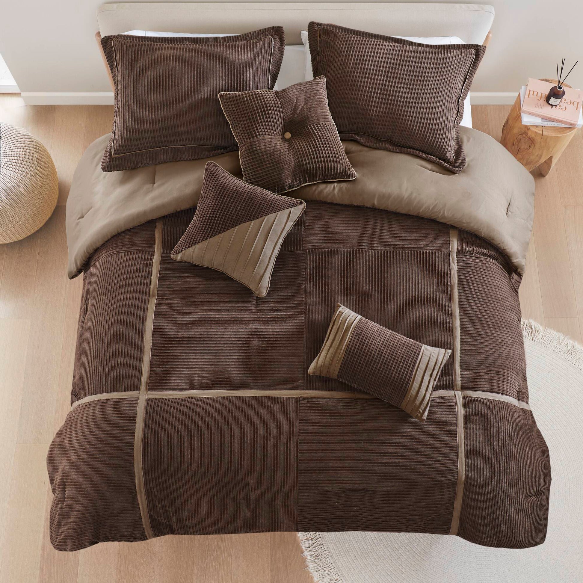 7 Piece Micro Corduroy Comforter Set Brown Queen Brown Polyester
