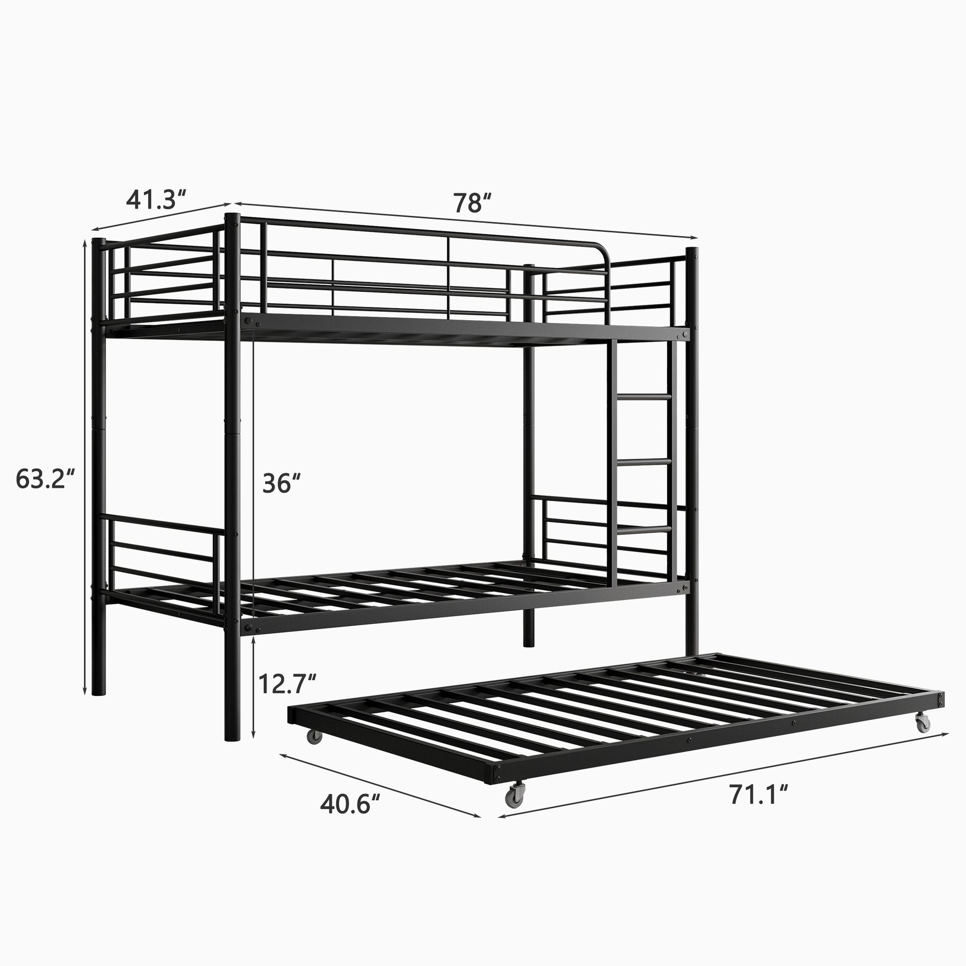 Twin Bunk Bed With Trundle Metal Bunkbeds With Ladder And Full Length Guardrail, Noise Free, No Box Spring Needed, Black Box Spring Not Required Twin Black Metal Bedroom Modern Bunk Metal Metal