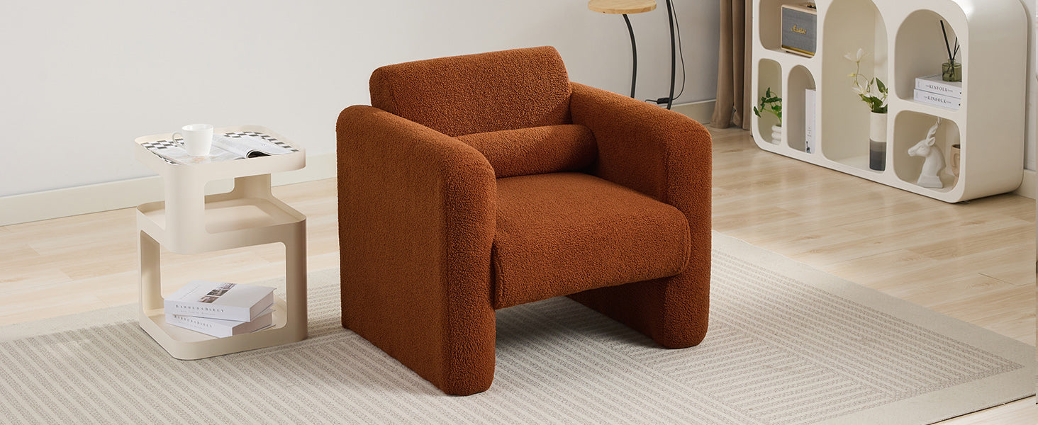 Modern Accent Chair Lambskin Sherpa Fabric Upholstered Comfy Reading Arm Chair Soft Padded Armchair With Back And Pillow For Living Room Bedroom Reception Waiting Room Office,Burnt Orange Burnt