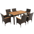 7 Piece Outdoor Patio Dining Set, Garden Pe Rattan Wicker Dining Table And Chairs Set, Acacia Wood Tabletop, Stackable Armrest Chairs With Cushions, Brown Yes Dining Set Brown Garden & Outdoor Multiple Chairs Seating Group Wicker Wicker