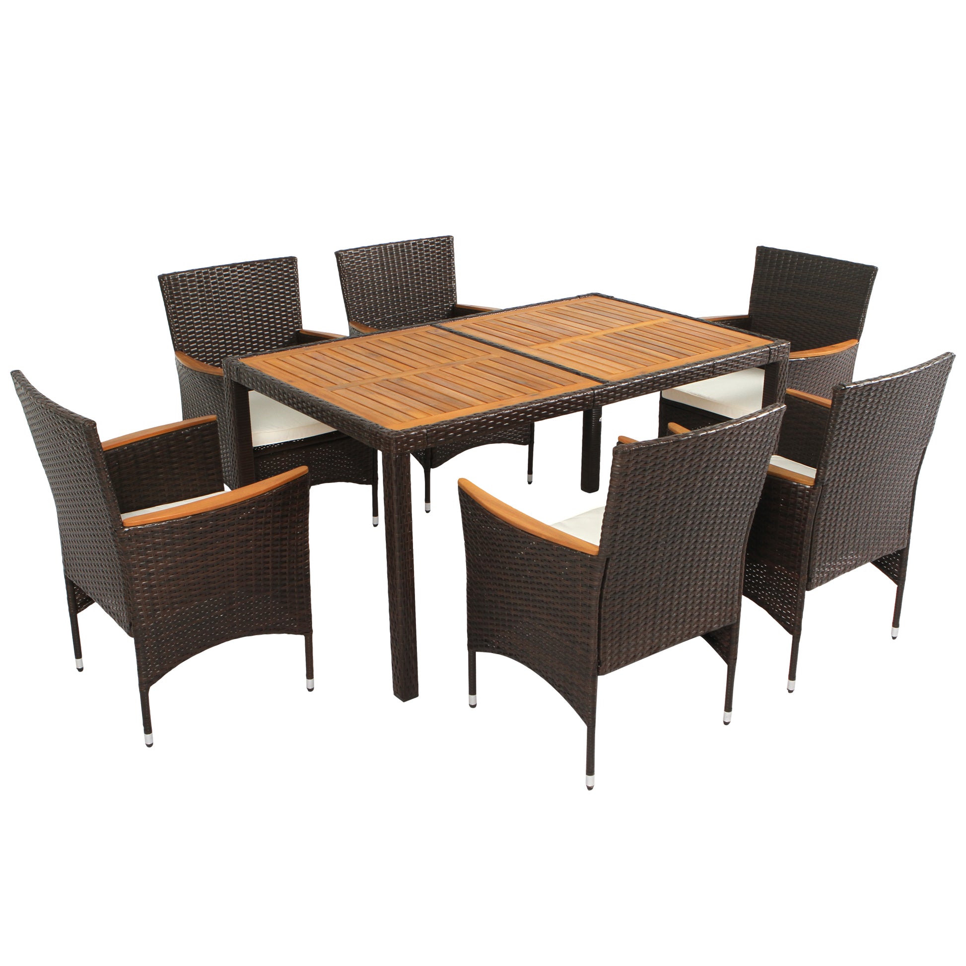 7 Piece Outdoor Patio Dining Set, Garden Pe Rattan Wicker Dining Table And Chairs Set, Acacia Wood Tabletop, Stackable Armrest Chairs With Cushions, Brown Yes Dining Set Brown Garden & Outdoor Multiple Chairs Seating Group Wicker Wicker