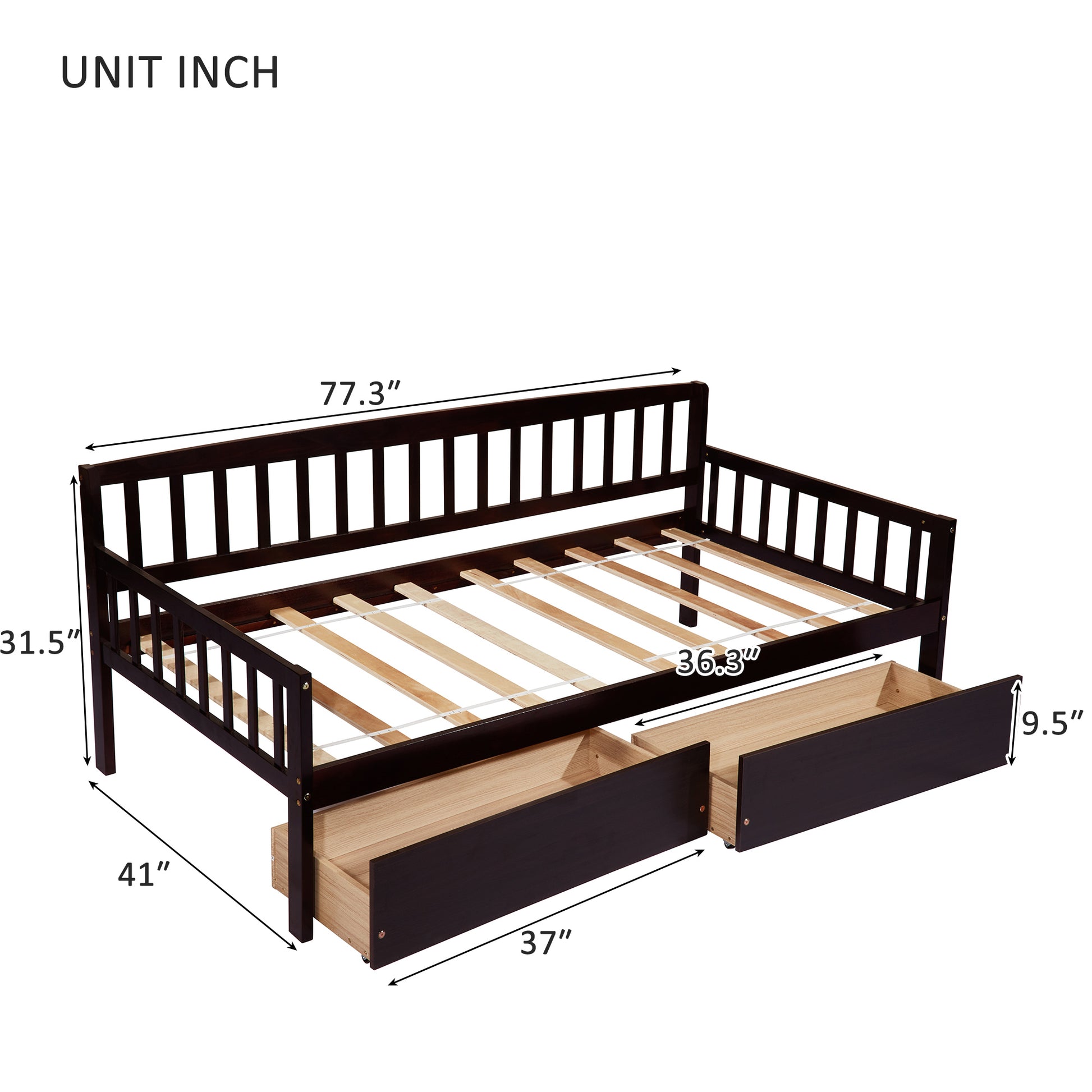 Twin Size Pine Wood Daybed With Two Storage Drawers, Sofa Bed With Bed Platform Of 10 Support Slats,Espresso Twin Espresso Pine