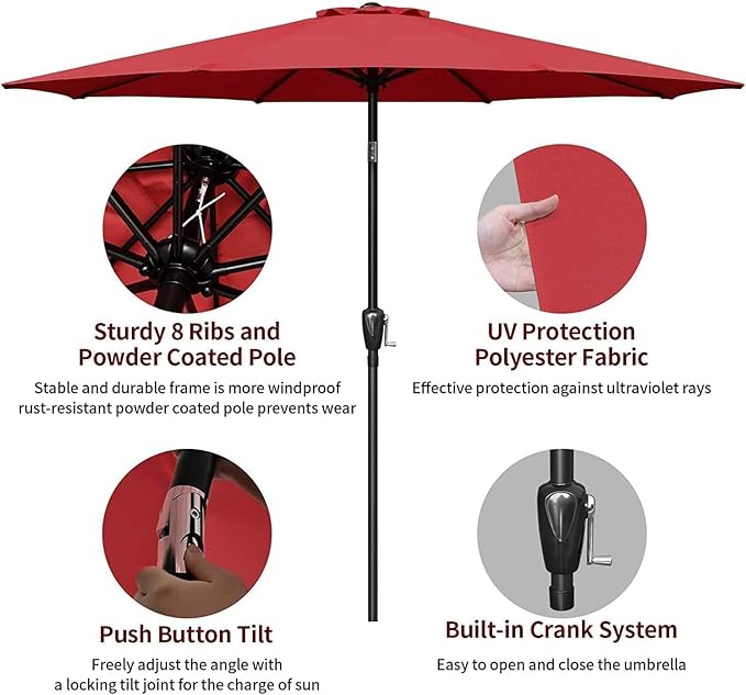 9' Patio Umbrella Outdoor Table Market Yard Umbrella With Push Button Tilt Crank Red Stainless Steel