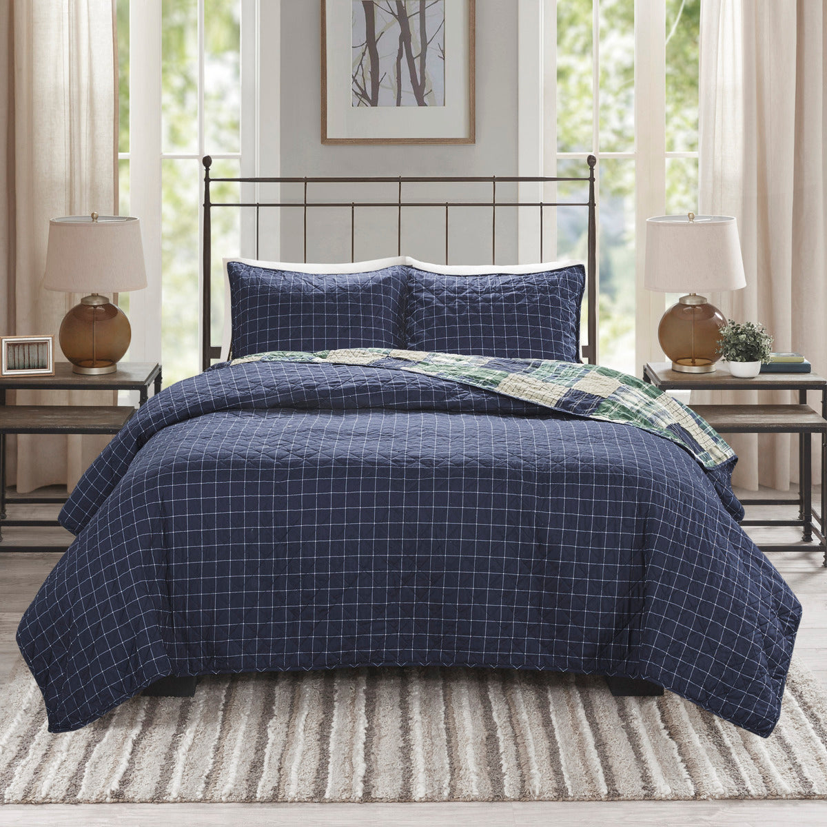 3 Piece Reversible Printed Quilt Set Green Navy King Cal King Green Navy Microfiber