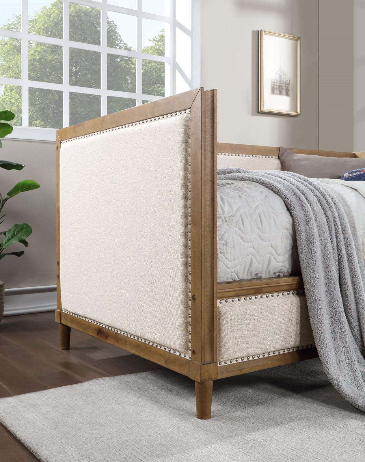 Beige Fabric Upholstered 1Pc Day Bed Light Oak Bed Frame Trim Bedroom Furniture Mattress Ready Twin Day Bed Box Spring Not Required Twin Beige Multi Wood Bedroom Classic,Contemporary,Modern,Transitional Solid Wood