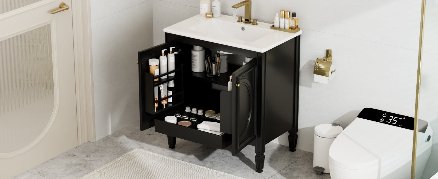 30" Bathroom Vanity With Sink, Two Doors With Shelf, Soft Close Door Hinges, Vintage Style, Black Black Ceramic Mdf,Rubber Wood