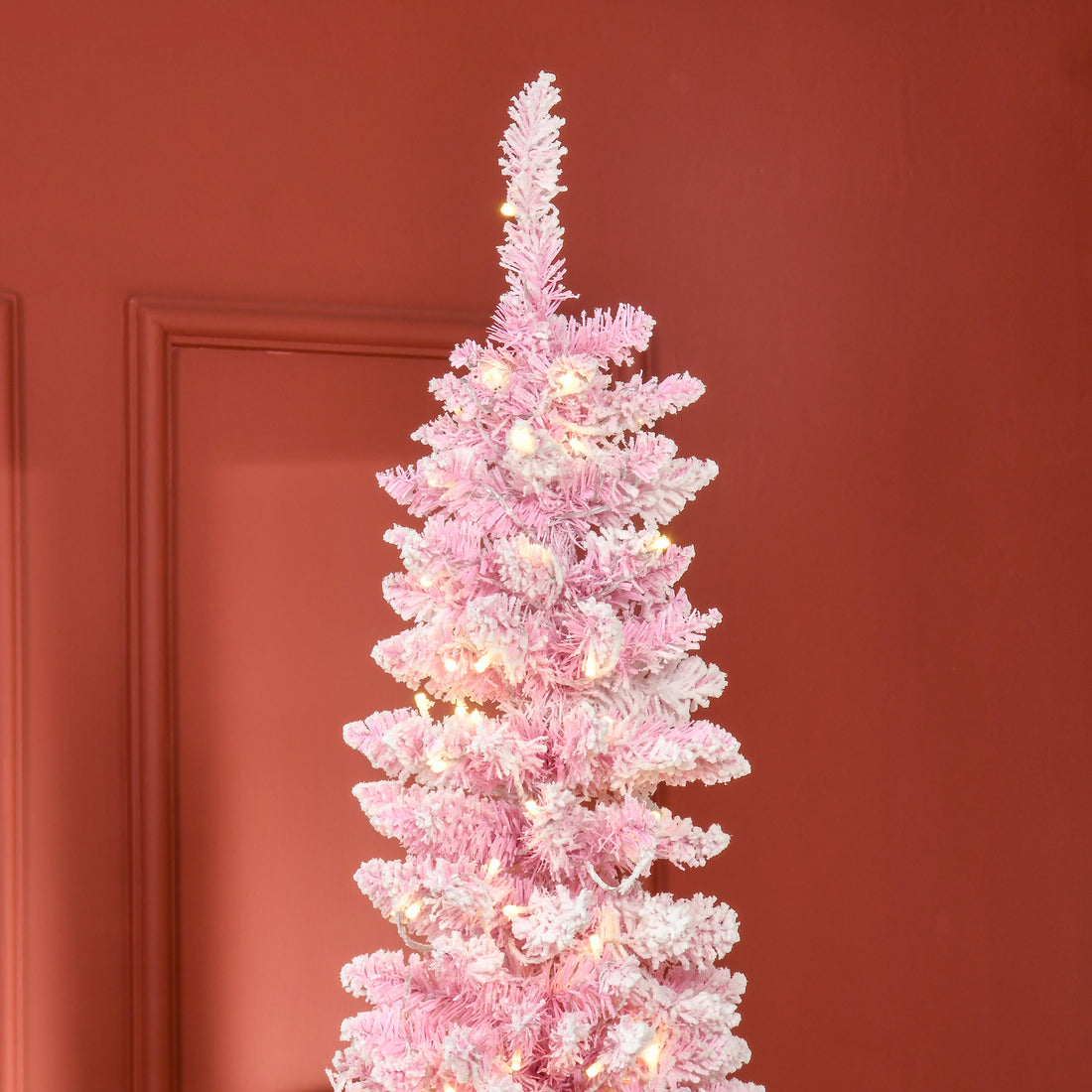 Homcom 7.5Ft Prelit Snow Flocked Artificial Christmas Tree With Pencil Shape, Pine Realistic Branches, Warm White Led Lights, Auto Open, Pink And White Pink Plastic