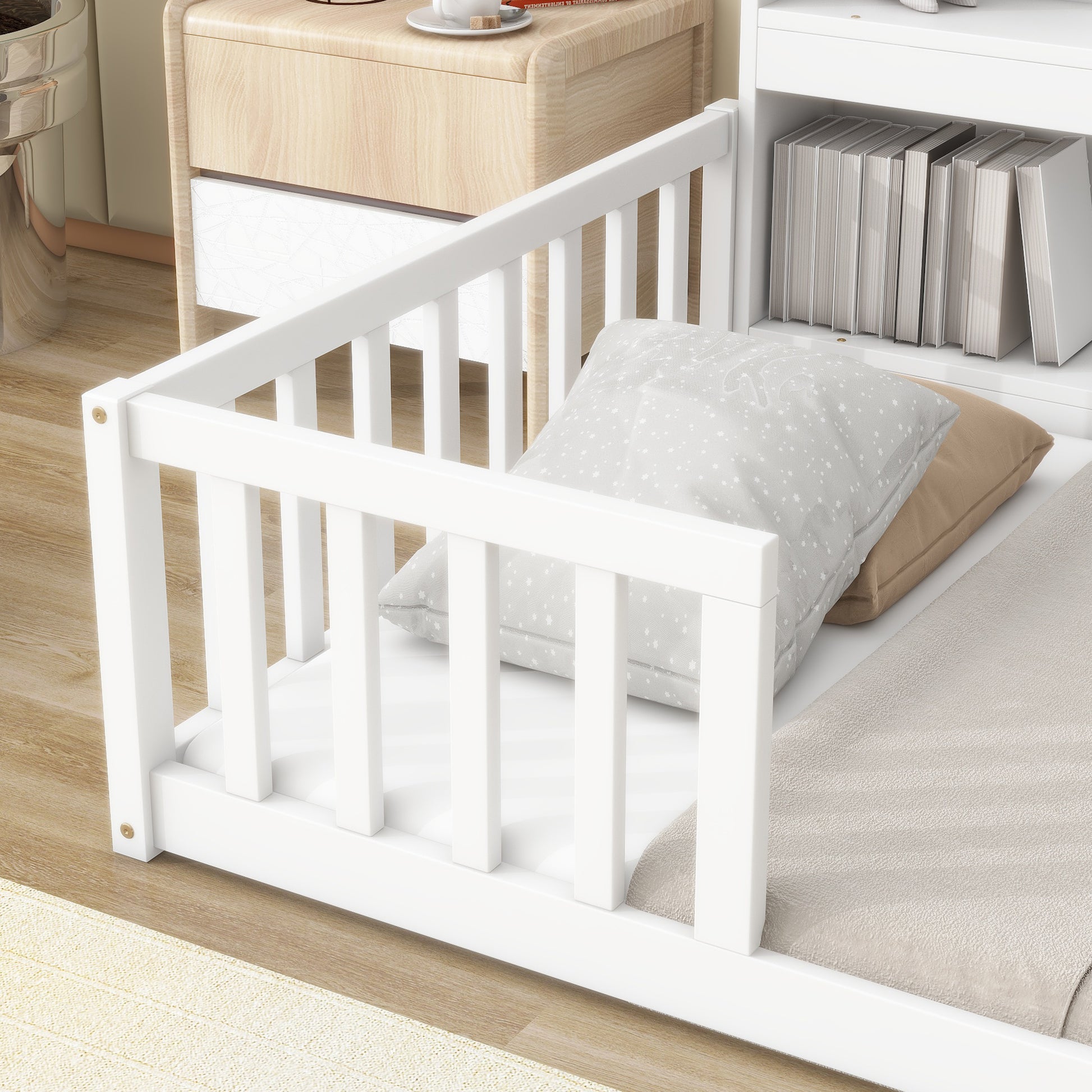 Twin Floor Bed With Bedside Bookcase,Shelves,Guardrails,White Twin White Bedroom American Design Pine