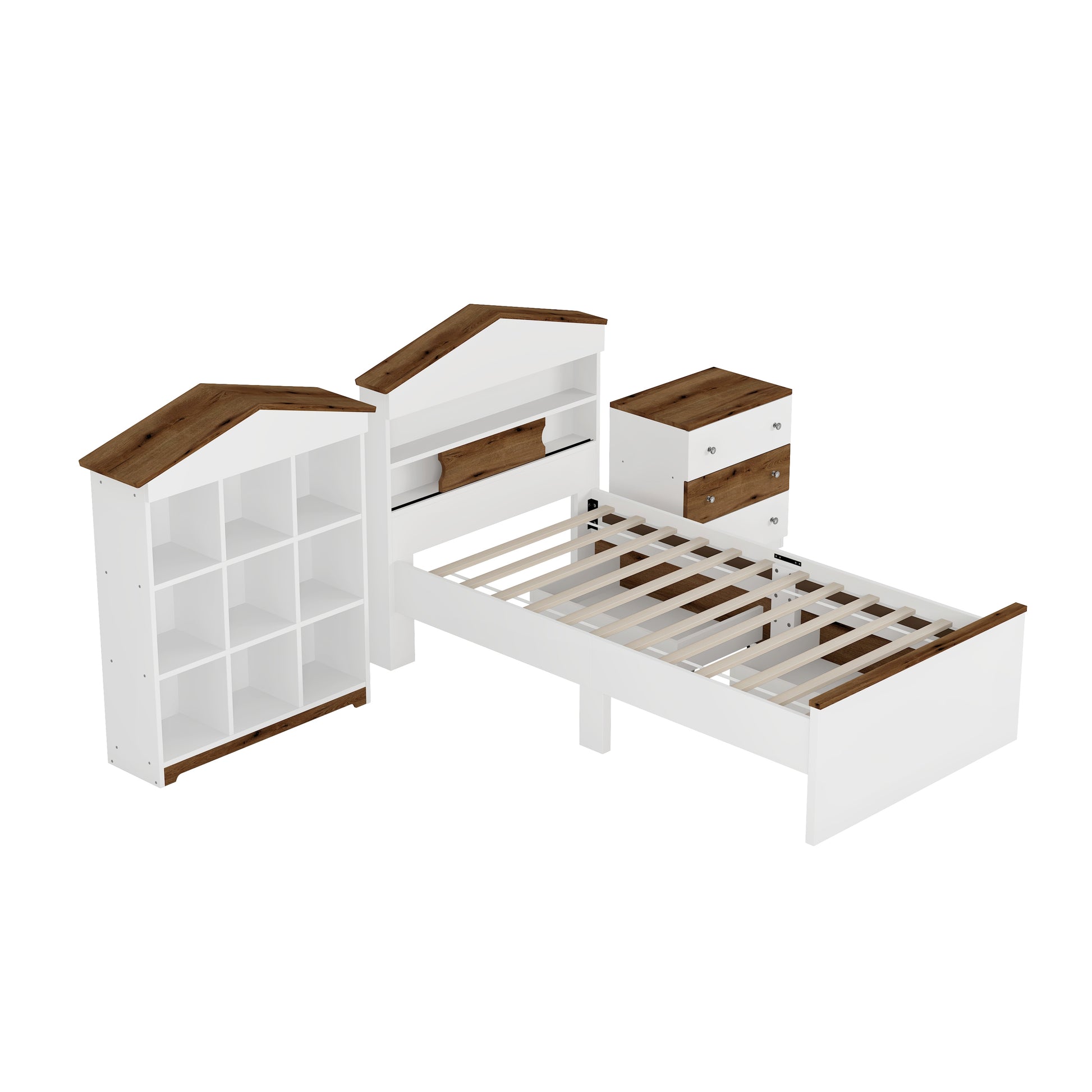 3 Pieces Bedroom Sets, Twin Size House Shaped Wooden Bed With Storage Drawers, Nightstand With Colorblock Design And House Shaped Stroage Rack, Brown White Twin Brown White 3 Piece Set Wood