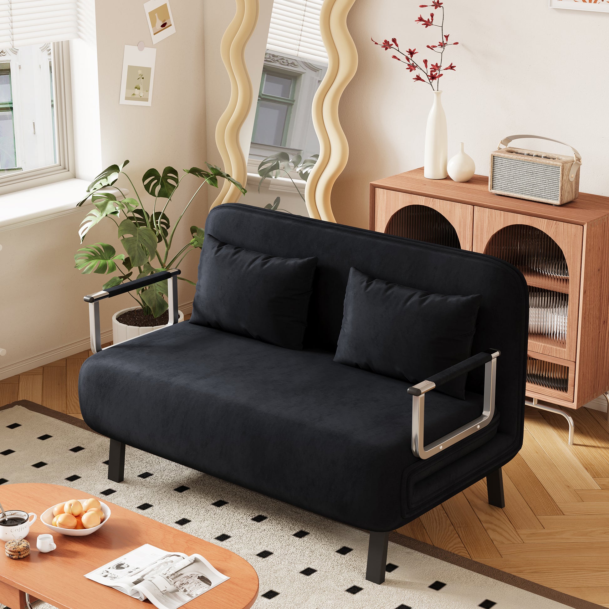 39 Convertible Chair Bed, Tri Fold Sofa Bed With Adjustable Backrest & Pillow, Leisure Chaise Lounge Couch With Sturdy Steel Frame For Home & Office, Comfortable Sleeper Chair Black Black Velvet Primary Living Space Medium Firm Contemporary Polyurethane