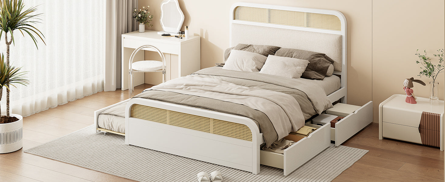 Queen Size Wooden Platform Bed With Trundle And 2 Drawers,White Queen White Solid Wood Mdf