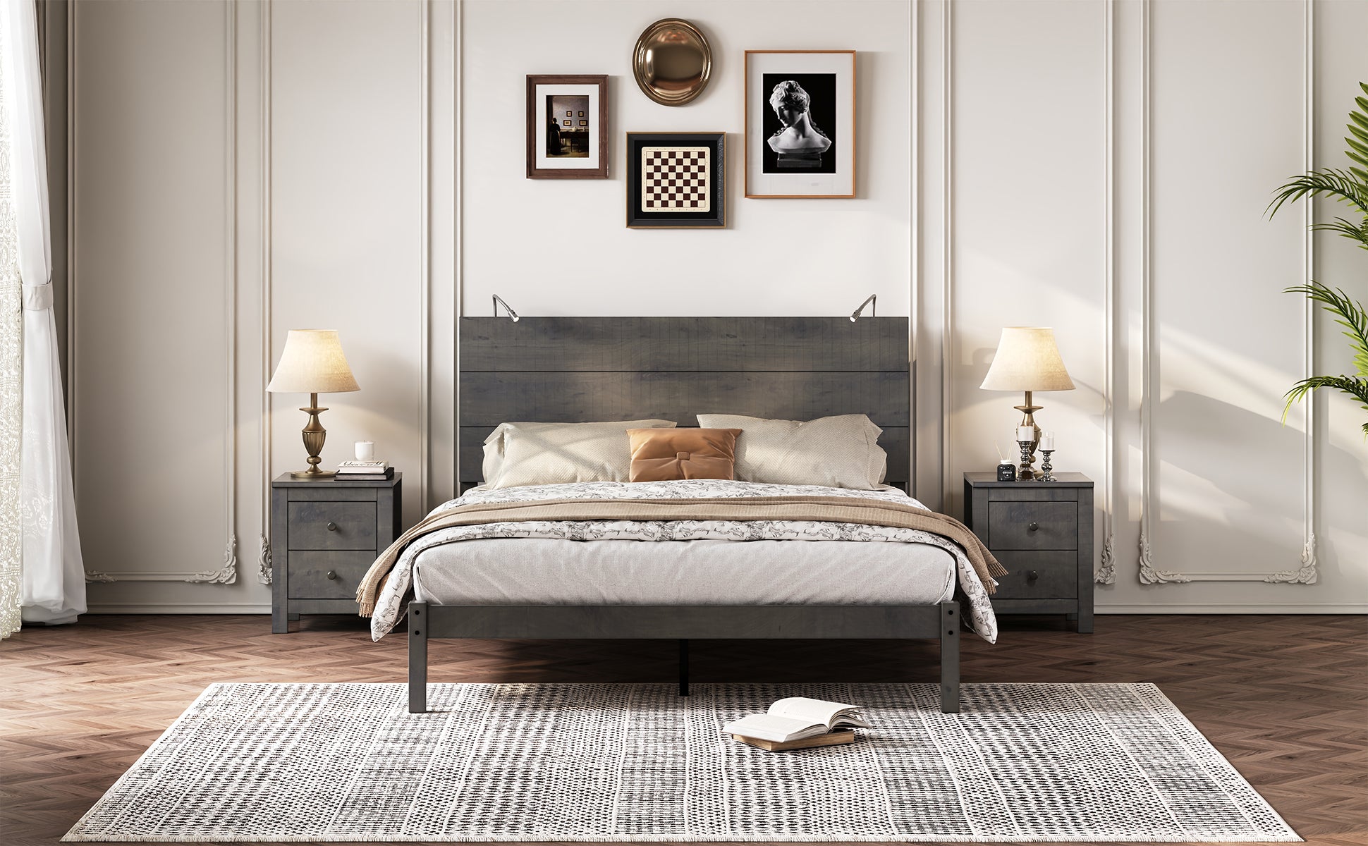 Farmhouse Wooden Platform Queen Size Bed, Modern Platform Bed With Two Bedside Lights, Antique Gray Queen Antique Gray Wood