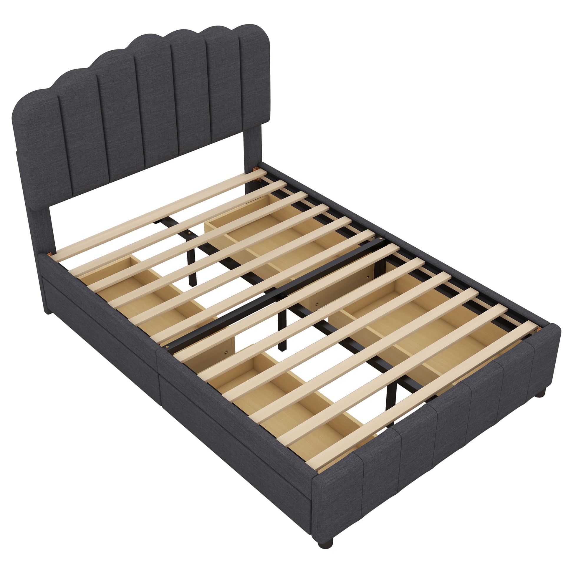 Full Size Upholstered Bed With 4 Storage Drawers,Wood Slat Support, Gray Full Gray Upholstered