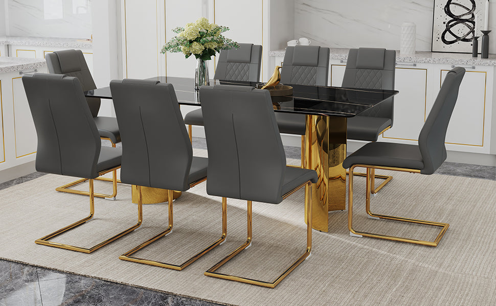 Table And Chair Set.The Table Has A Glass Tabletop With Imitation Marble Pattern Stickers And Stainless Steel Golden Table Legs. Paried With Comfortable Chairs With Pu Seats And Metal Legs. Gold Black Seats 8 Glass Metal