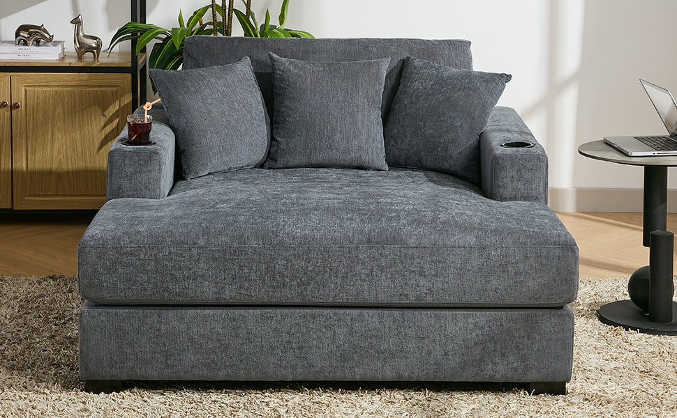 55" Oversized Chaise Lounger Modern Style Sofa Couch ,With Pillows, Charge Station & Cup Holders, Chenille Fabric, Blue Gray Blue Gray Chenille