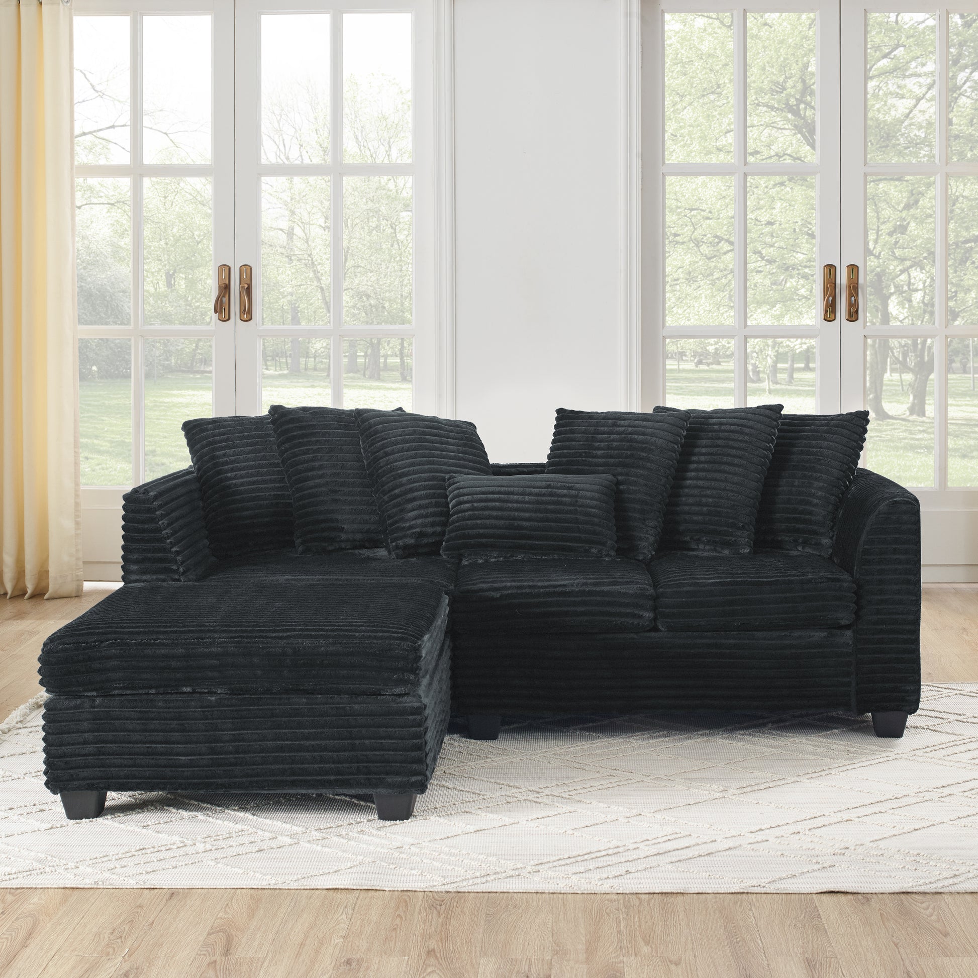 Corduroy Tufted Upholstered Sleeper Sectional Sofa, L Shaped Modular Convertible Sofablack Full Black Corduroy