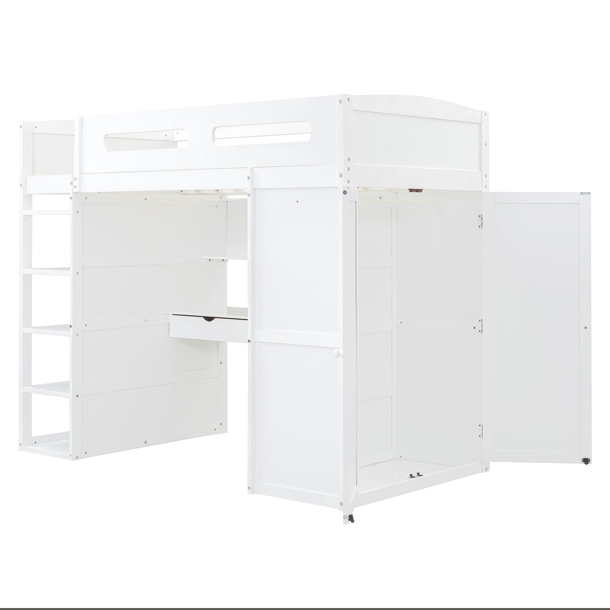 Twin Size Loft Bed With Desk, Wardrobes, 4 Drawers And 4 Shelves White Twin White Solid Wood