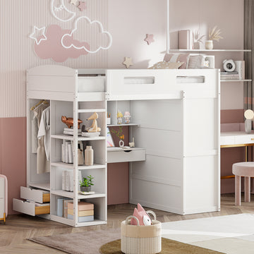 Twin Size Loft Bed With Desk, Wardrobes, 4 Drawers And 4 Shelves White Twin White Solid Wood