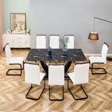 Table And Chair Set, Modern Dining Table, Patterned Table Top And Black Mdf Table Legs, Soft And Comfortable Dining Chair, Perfect For Dinner, Meetings, Home And Office Decor White Black Mdf Glass