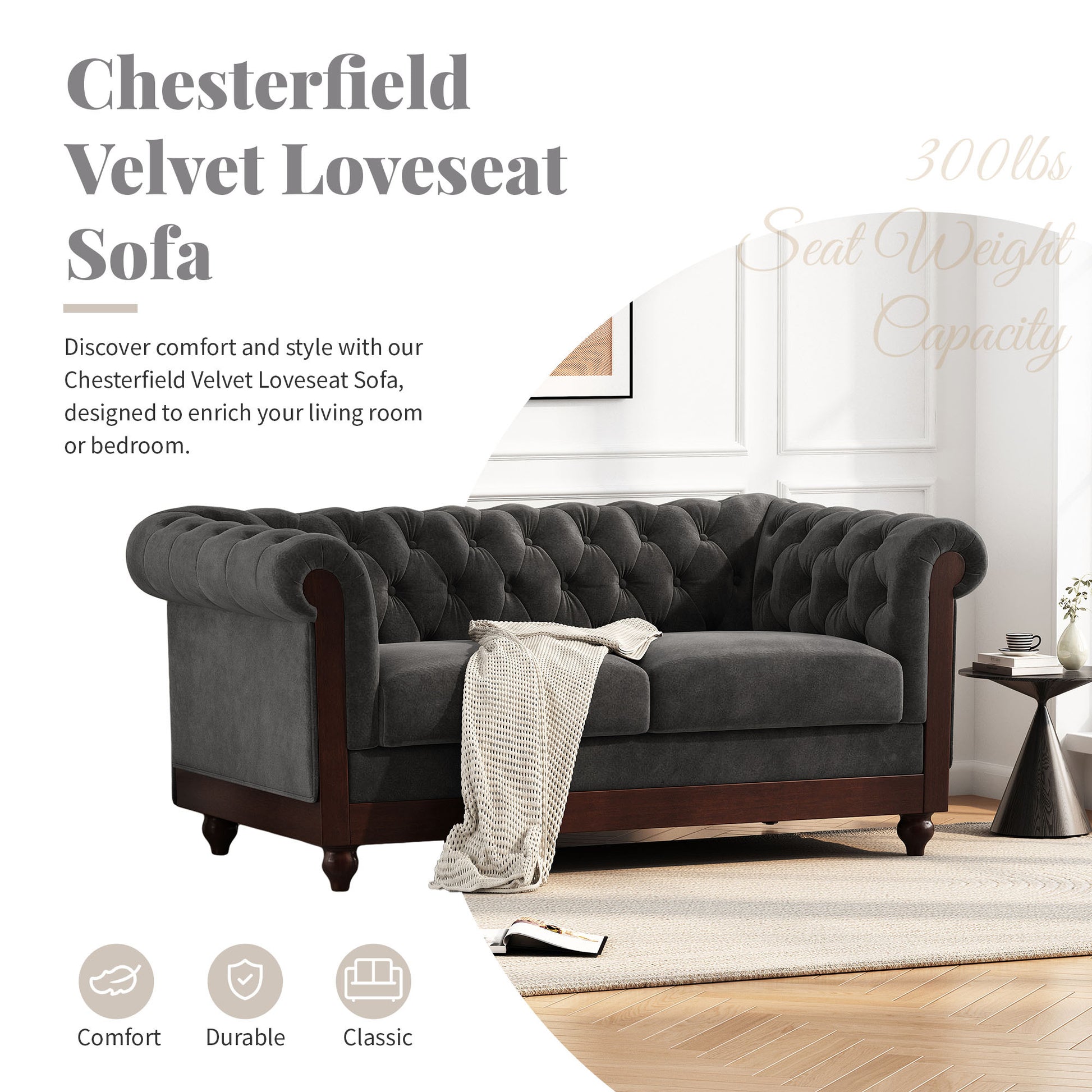 Vivalux 59.44" Chesterfield Velvet Loveseat Sofa,2 Person Rolled Arm Dutch Plush Upholstered Sofa Couch With Tufted Button For Living Room, Bedroom, Small Places,Dark Gray Dark Gray Espresso Velvet Wood Primary Living Space Soft Tufted Back