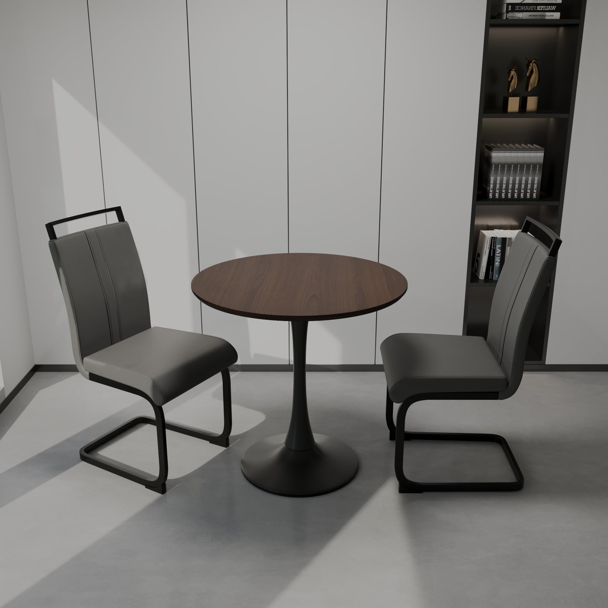 Walnut Circular Dining Table, 31.5 "Tulip Dining Table, Kitchen Dining Table For 2 4 People, Mdf Tabletop And Base, And 2 Gray Pu Black Metal Leg Dining Chairs Set 2 Walnut Mdf