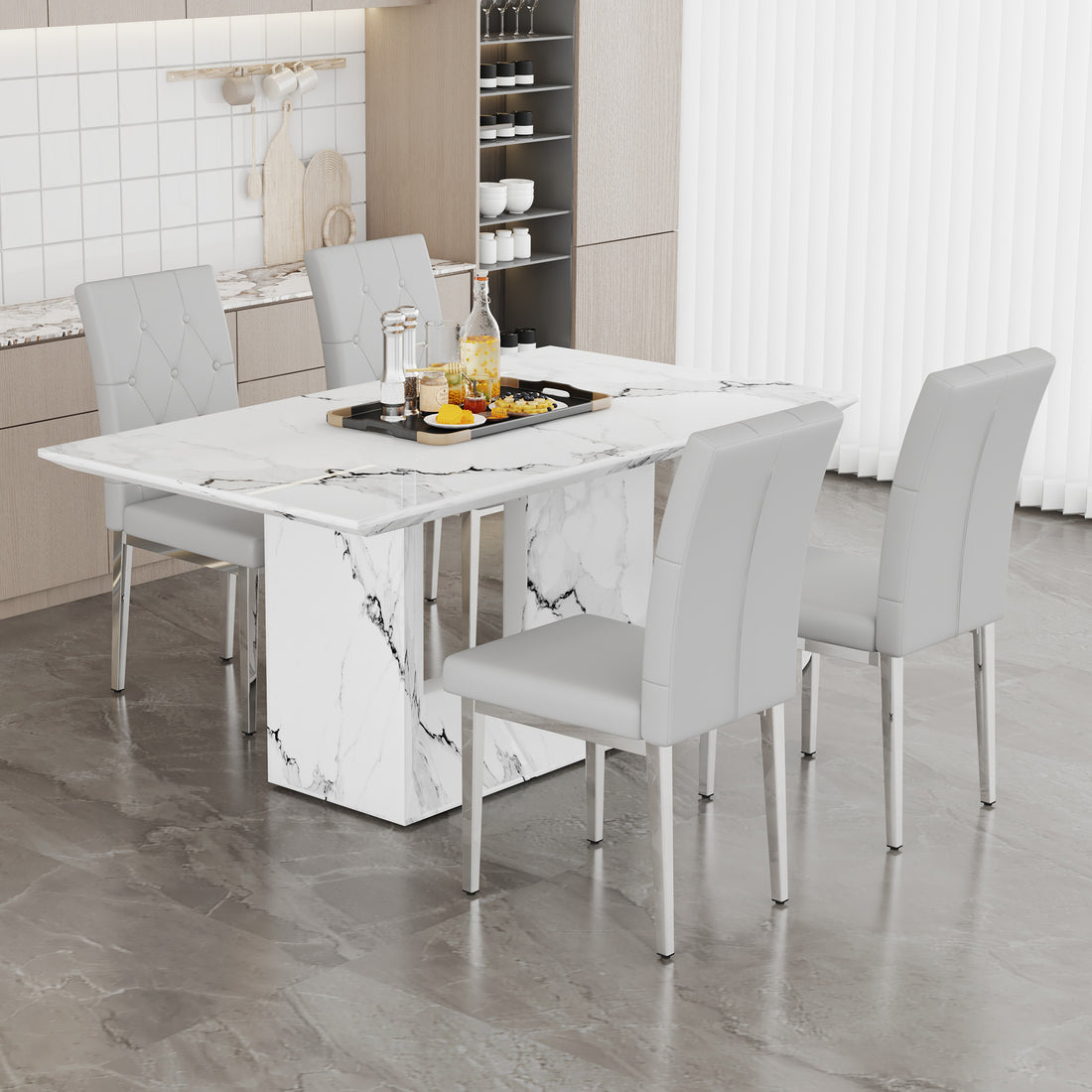 Table And Chair Set.63"X35.4" White Marble Patterned Mdf Dining Table Set With 4 Armless Light Gray Pu Chairs.Showcasing A Modern And Stylish Look. Light Gray,White Seats 4 Mdf Metal