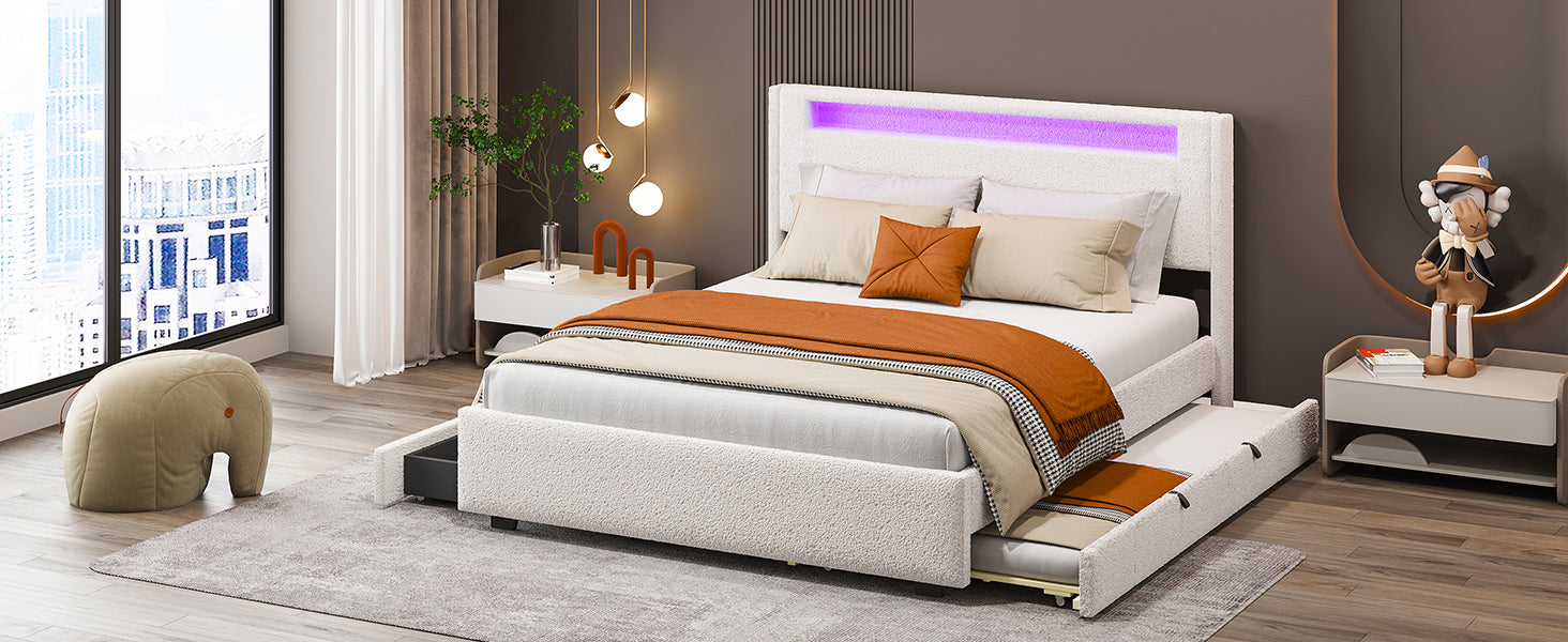 Queen Size Upholstered Platform Bed With Led Frame, With Twin Xl Size Trundle And 2 Drawers, Teddy Fleece, White White Fleece