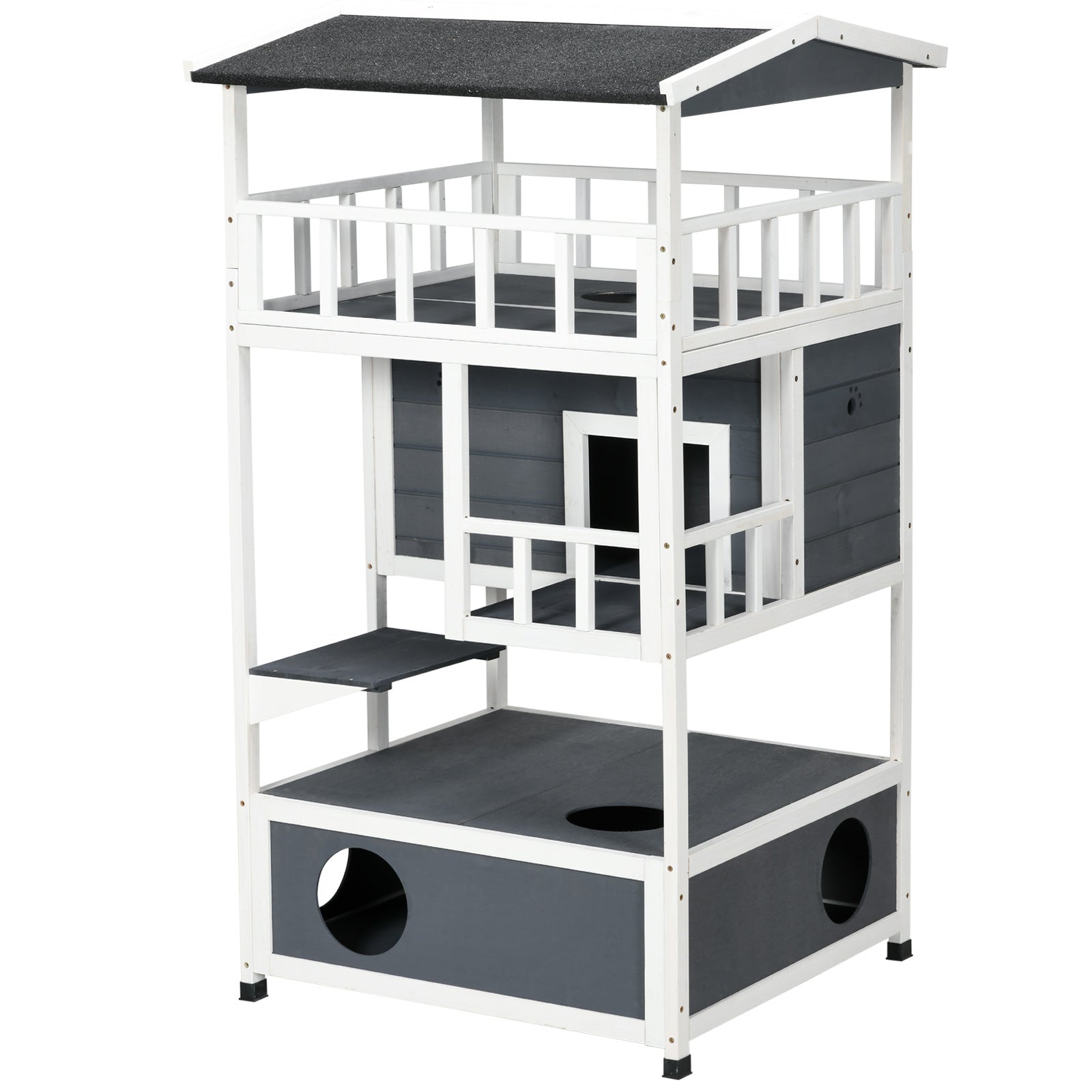 Pawhut Wooden Outdoor Cat House, Feral Cat Shelter Kitten Tree With Asphalt Roof, Escape Doors, Condo, Jumping Platform, Grey Grey Wood