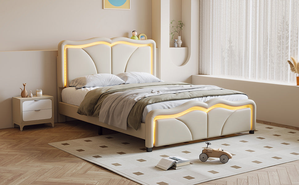 Full Size Upholstered Platform Bed With Curve Shaped And Height Adjustbale Headboard,Led Light Strips,White Full White Upholstered