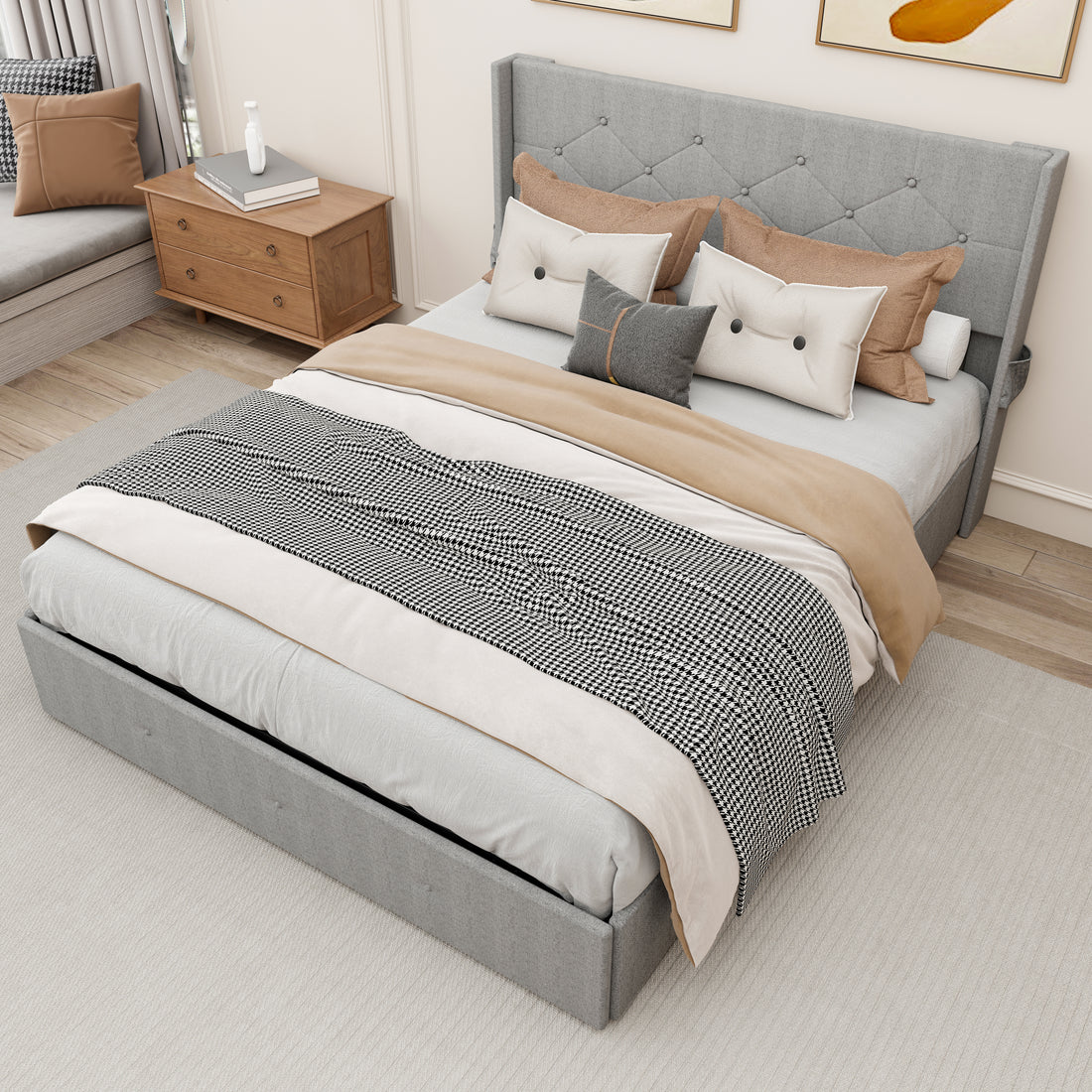 Full Size Bed Frame With Gas Lift Storage Bed With Modern Wingback Headboard, Usb Ports Box Spring Not Required Full Light Gray Metal Bedroom Contemporary Bed Frame Foam Linen Upholstered