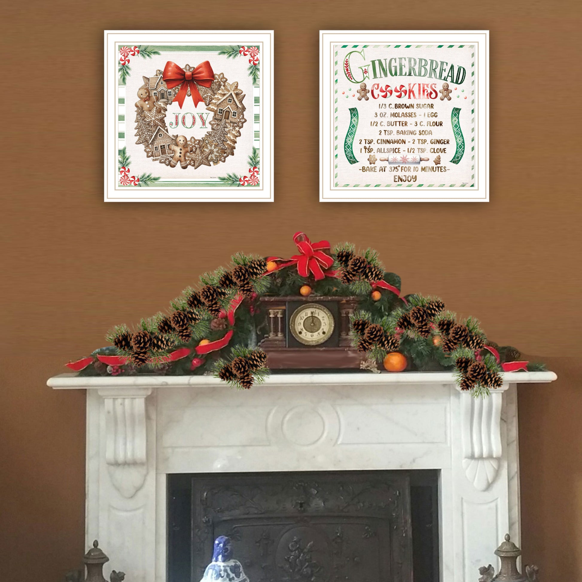 2 Piece Vignette Gingerbread Wreath White Framed Wall Art For Living Room, Bedroom Wall Art Print For Home Decor By Nicole Decamp Multicolor Wood Paper