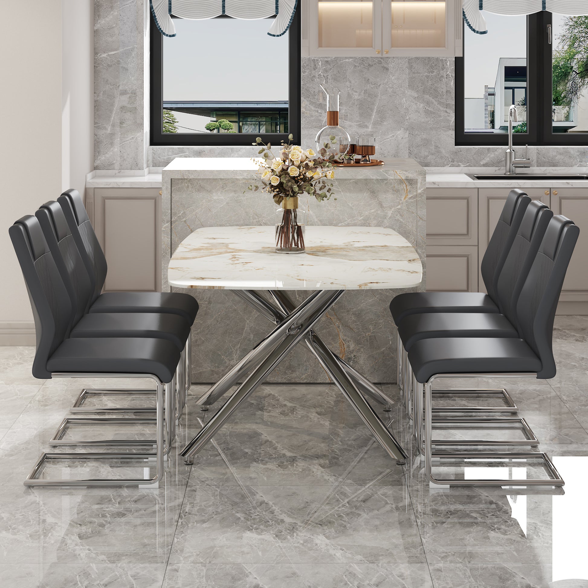 Table And Chair Set.Modern Luxurious White Marble Patterned Tempered Glass Dining Table With 6 Chairs.Single Fork Silver Metal Table Legs.Dark Gray Pu Dining Chairs With Silver Metal Legs. Dark