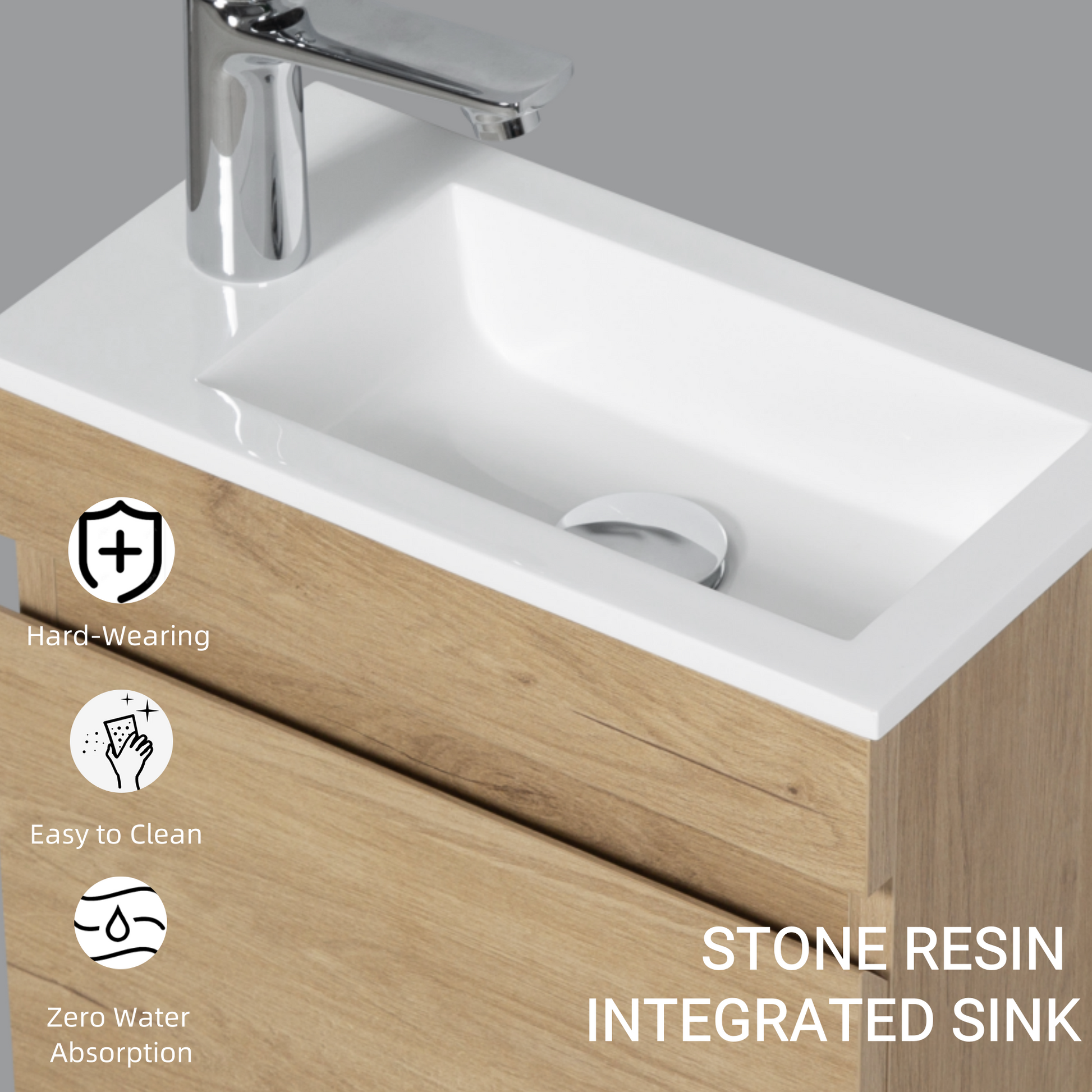 16" Floating Bathroom Vanity With Sink, Wall Mounted Small Bathroom Storage Vanity Cabinet With Resin Top Basin And Soft Close Doors, Natural Oak 24V11 16No Oak Wood