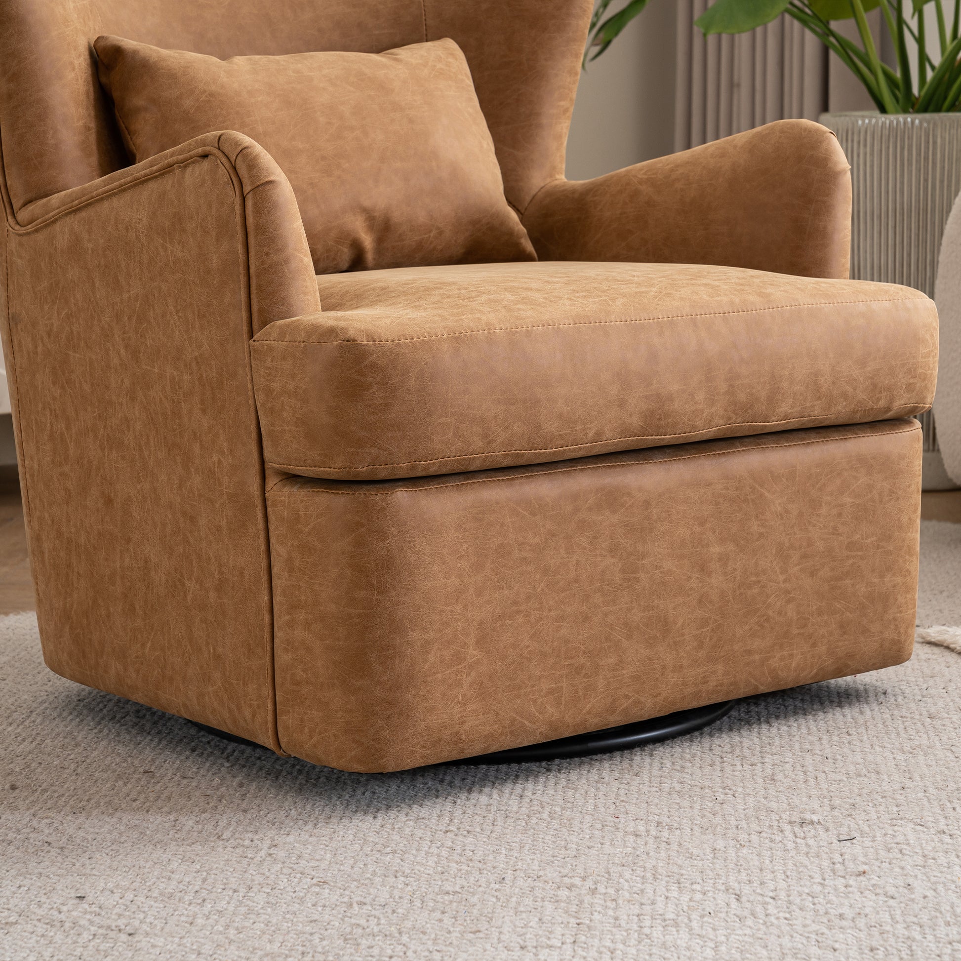 Synthetic Leather Upholstered Swivel Chair, 360 Swivel Comfort Round Armchair, Single Sofa Chair With Lounge Seat For Bedroom Office Reading Space, Set Of 1 ,Brown Yellow Brown Yellow Wood