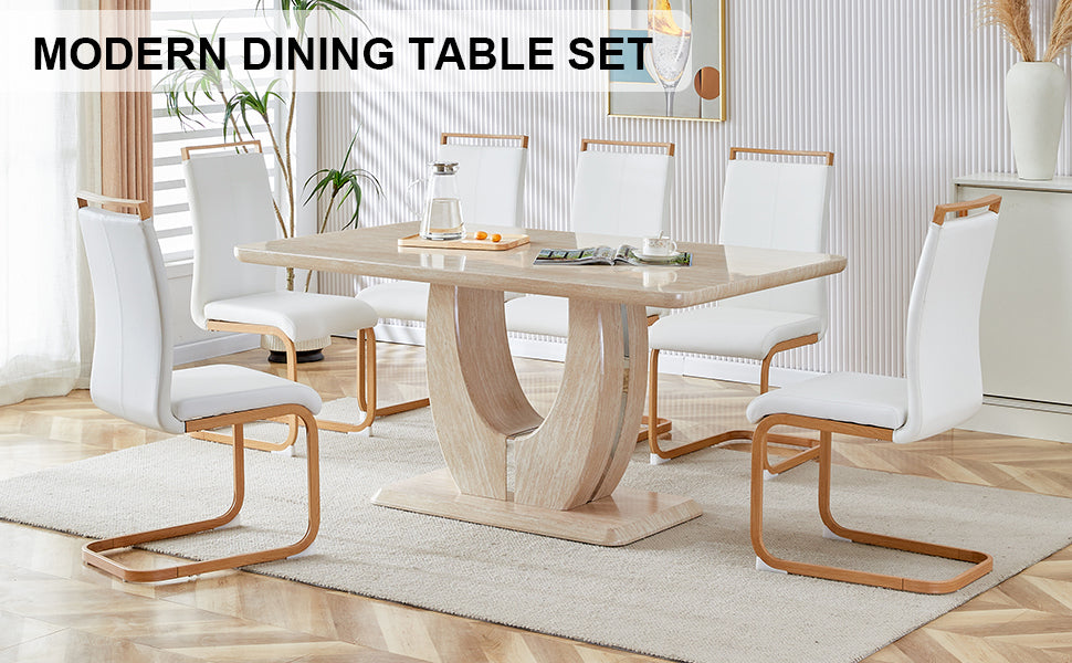 Table And Chair Set.Modern Minimalist Luxury Mdf Rectangular Dining Table With Textured Stickers On The Table, 6 Pu Synthetic Leather High Backrest Soft Cushioned Side Chairs. White Seats 6 Mdf