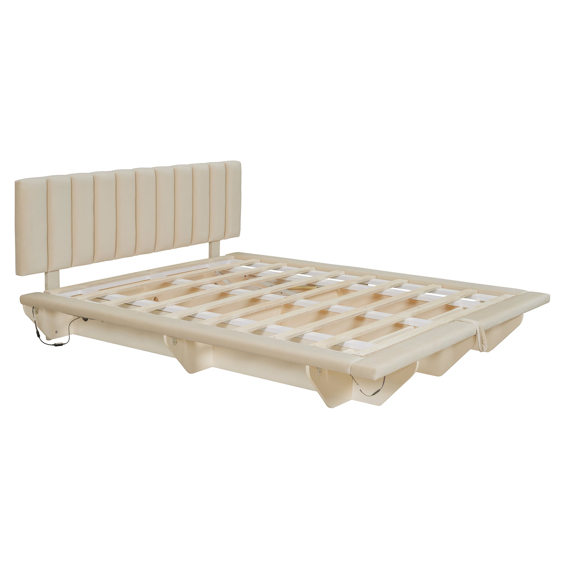 Queen Size Upholstered Floating Bed With Led Light And Usb Port, Velvet, Beige, Hydrualic Platform Bed Queen Beige Velvet