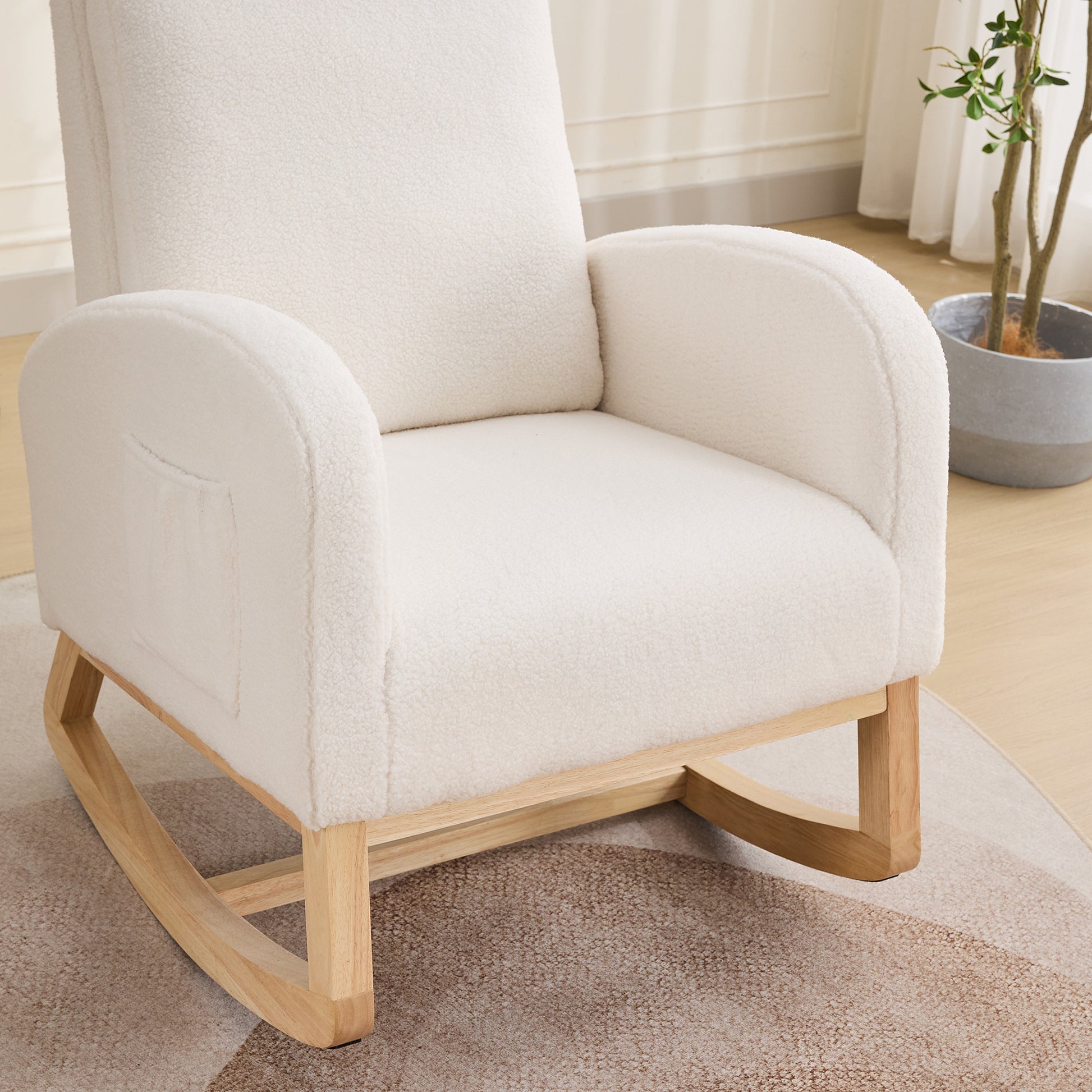 27.2"W Rocking Chair For Nursery, Sherpa Glider Chair With High Back And Side Pocket, Rocking Accent Armchair With Rubber Wood Legs For Living Room Bedroom.Ivory Ivory Sherpa