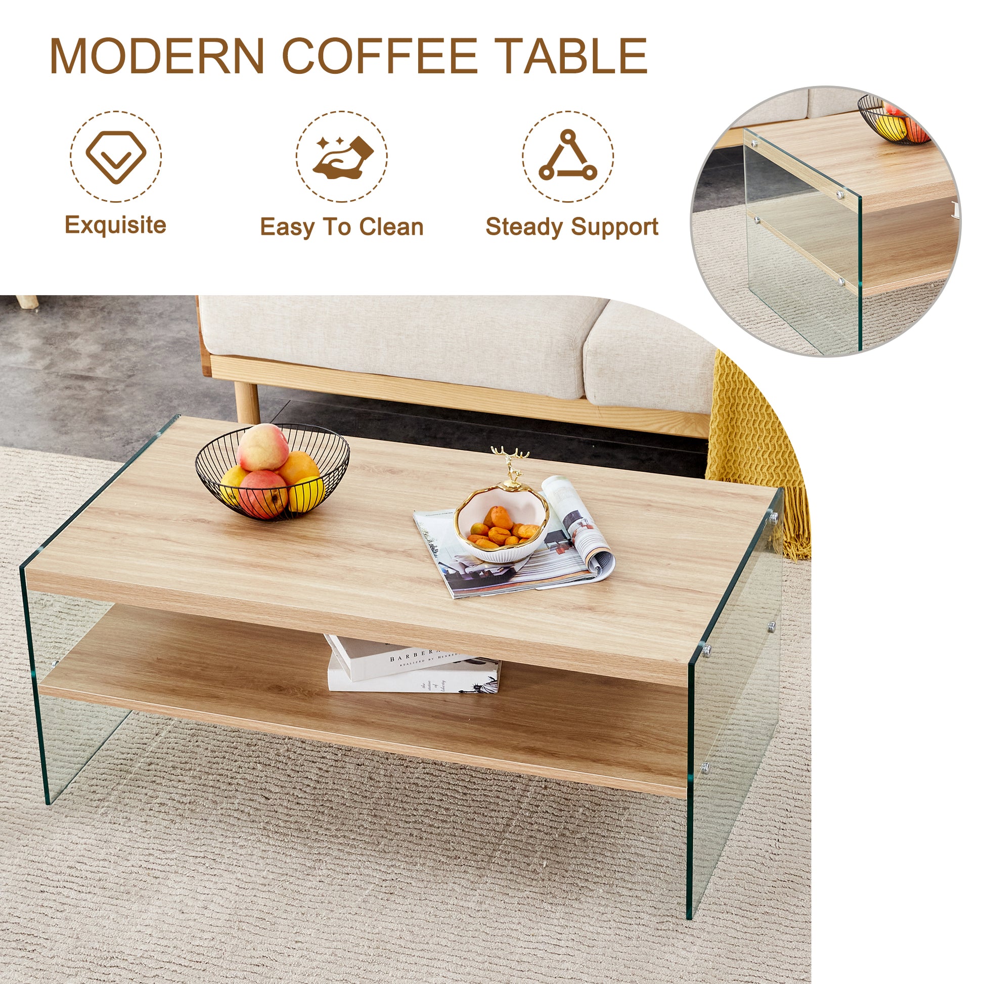 Double Layered Rectangular Coffee Table.The Board Is Made Of Mdf With Wooden Stickers, With Transparent Tempered Glass On Both Side.Suitable For Various Occasions Such As Living Rooms And Bedrooms. Wood Mdf Glass