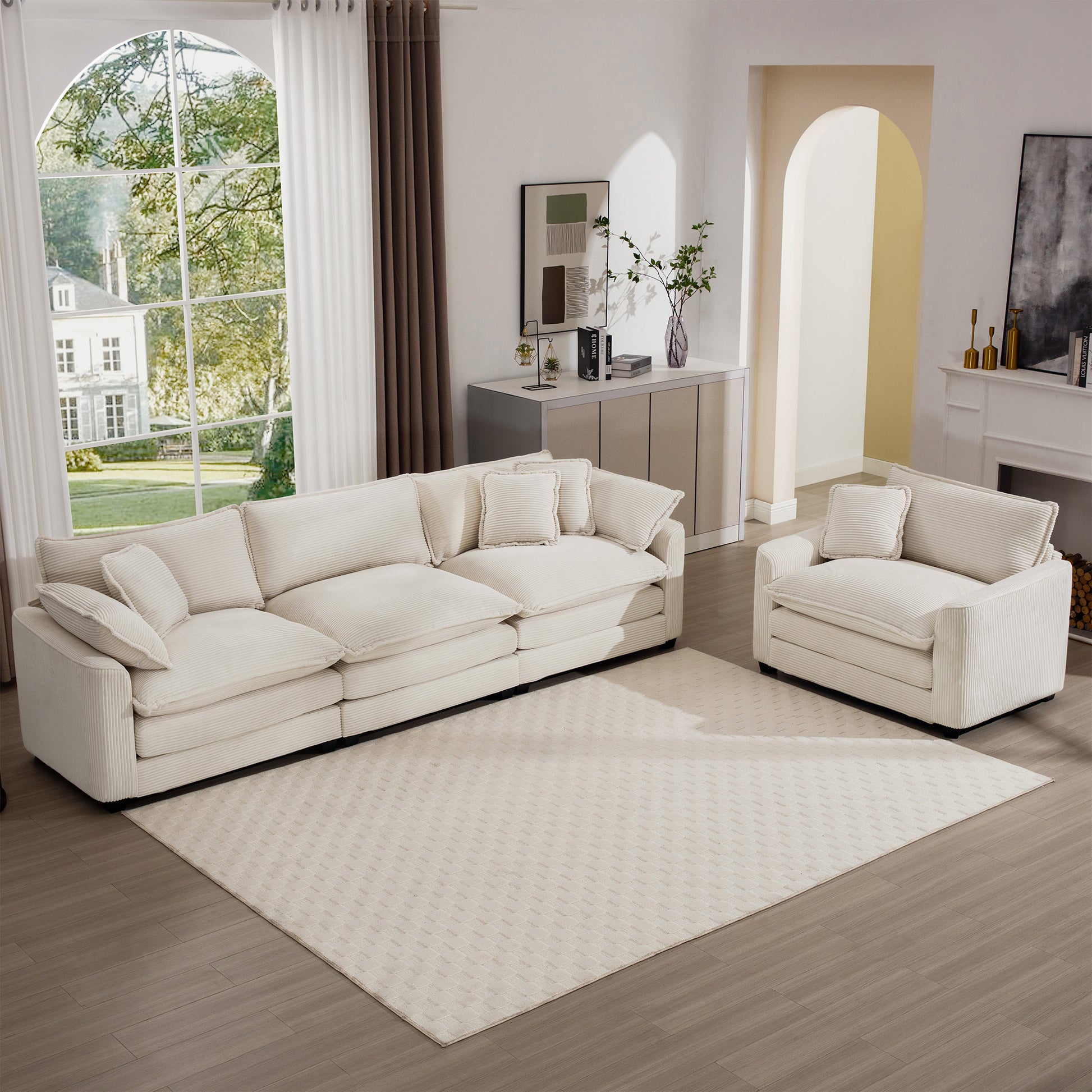 Mid Century Modern Set Of 2 Sofas With One 3 Seater Sofa And One Single Accent Chair, Light Beige Corduroy Fabric Beige Corduroy 4 Seat