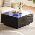 Square High Glossy Coffee Table With 16 Color Led Strip Lights, Modern Center Table With 5Mm Frosted Tempered Glass Top For Living Room, Black, 27.5*27.5In Black Primary Living Space Mdf