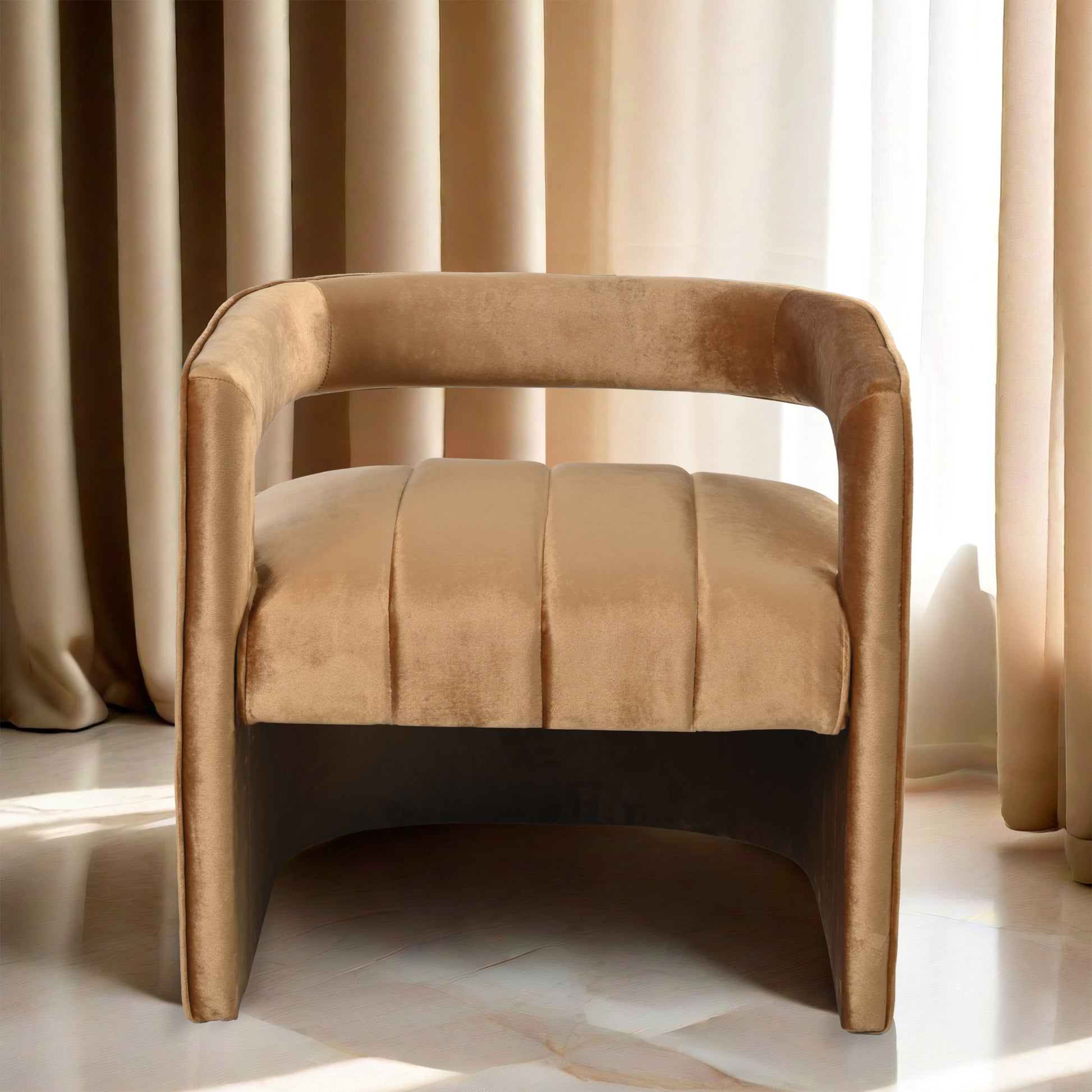 Modern Velvet Accent Chair With Ribbed Detail, Luxury Curved Fully Upholstered Accent Chair, Brown No Assembly Needed Brown Velvet