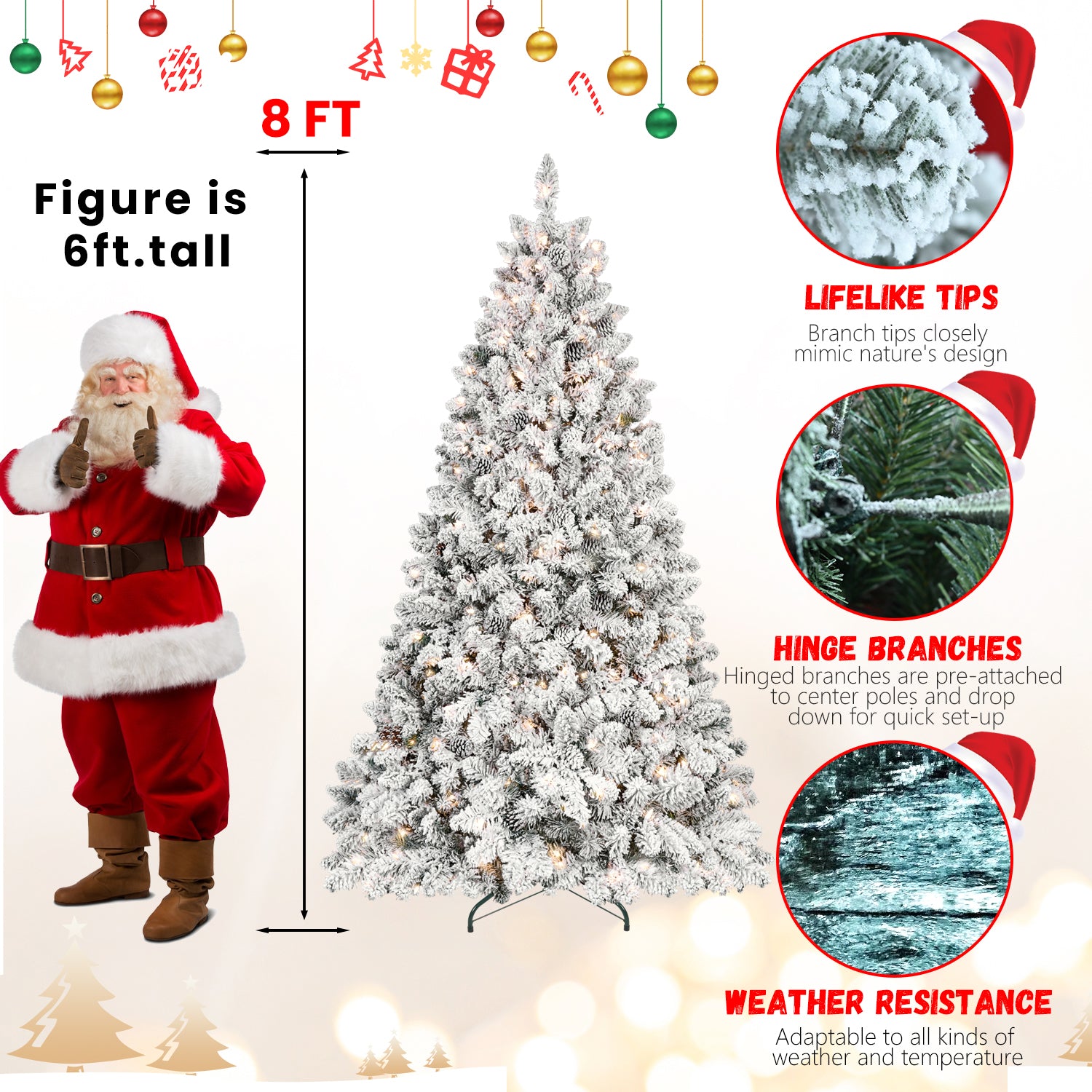 8Ft Snow Flocked Artificial Christmas Tree With Pine Cones, Prelit Xmas Trees, Hinged Easy Assembly & Reinforced Metal Base Ideal For Indoor & Outdoor Festive Decorations White Polyvinyl Chloride