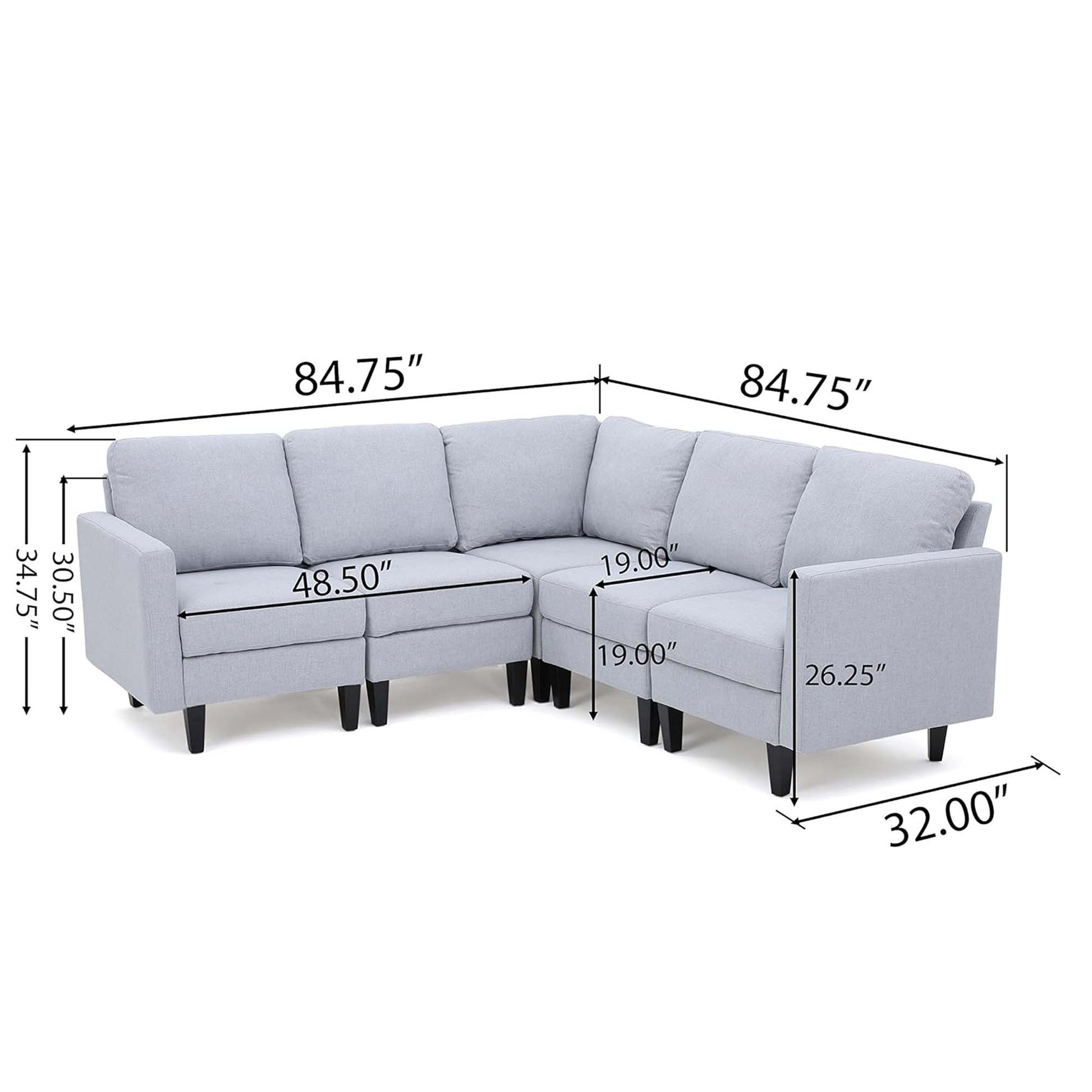 Mirod Comfy 5 Pieces L Shaped Sofa With Wooden Legs, Modern Side Chairs For Living Room Light Grey Fabric 4 Seat