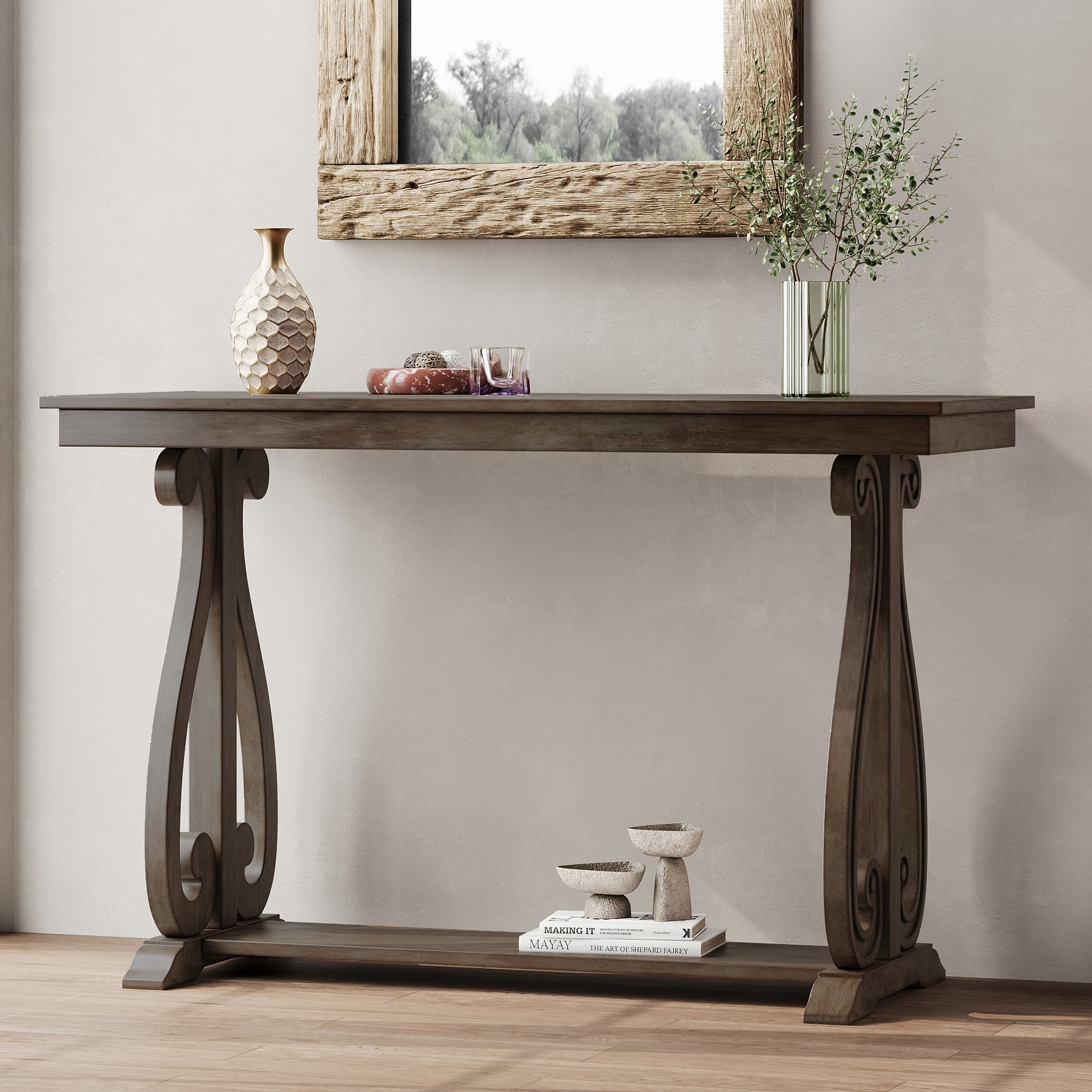 48 Inch Rustic Vintage Console Tablefarmhouse Style Entryway Table With Open Shelf And Sturdy Construction For Entryway And Living Room Walnut Walnut Distressed Finish Primary Living Space Antique,Rustic,Vintage Open Storage Console Tables Brushed