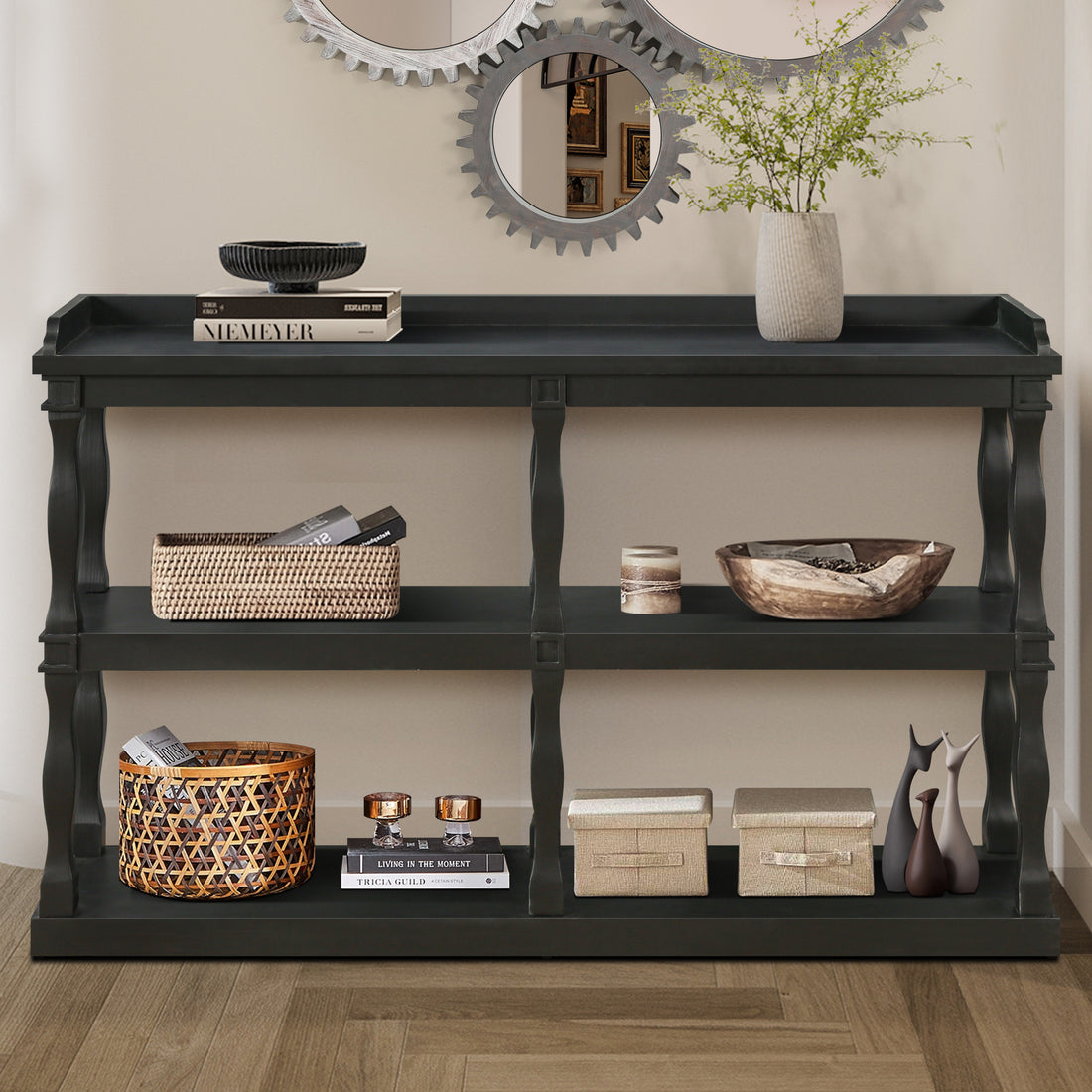 Console Table With 3 Tier Open Storage Spaces And Roman Column Effect Support Legs,Narrow Sofa Entry Table For Living Room, Entryway And Hallway Black Black Primary Living Space Floor Mount Console Tables Glossy Mdf Mdf