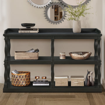 Console Table With 3 Tier Open Storage Spaces And Roman Column Effect Support Legs,Narrow Sofa Entry Table For Living Room, Entryway And Hallway Black Black Primary Living Space Floor Mount Console Tables Glossy Mdf Mdf